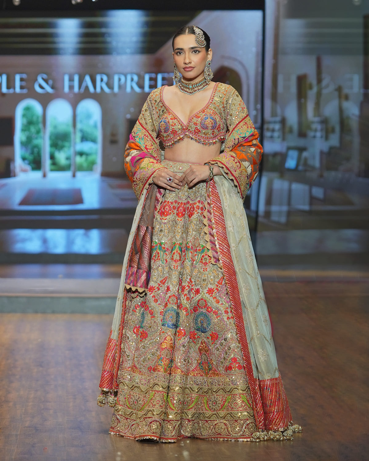 Antique Gold & Vermilion Embroidered Lehenga