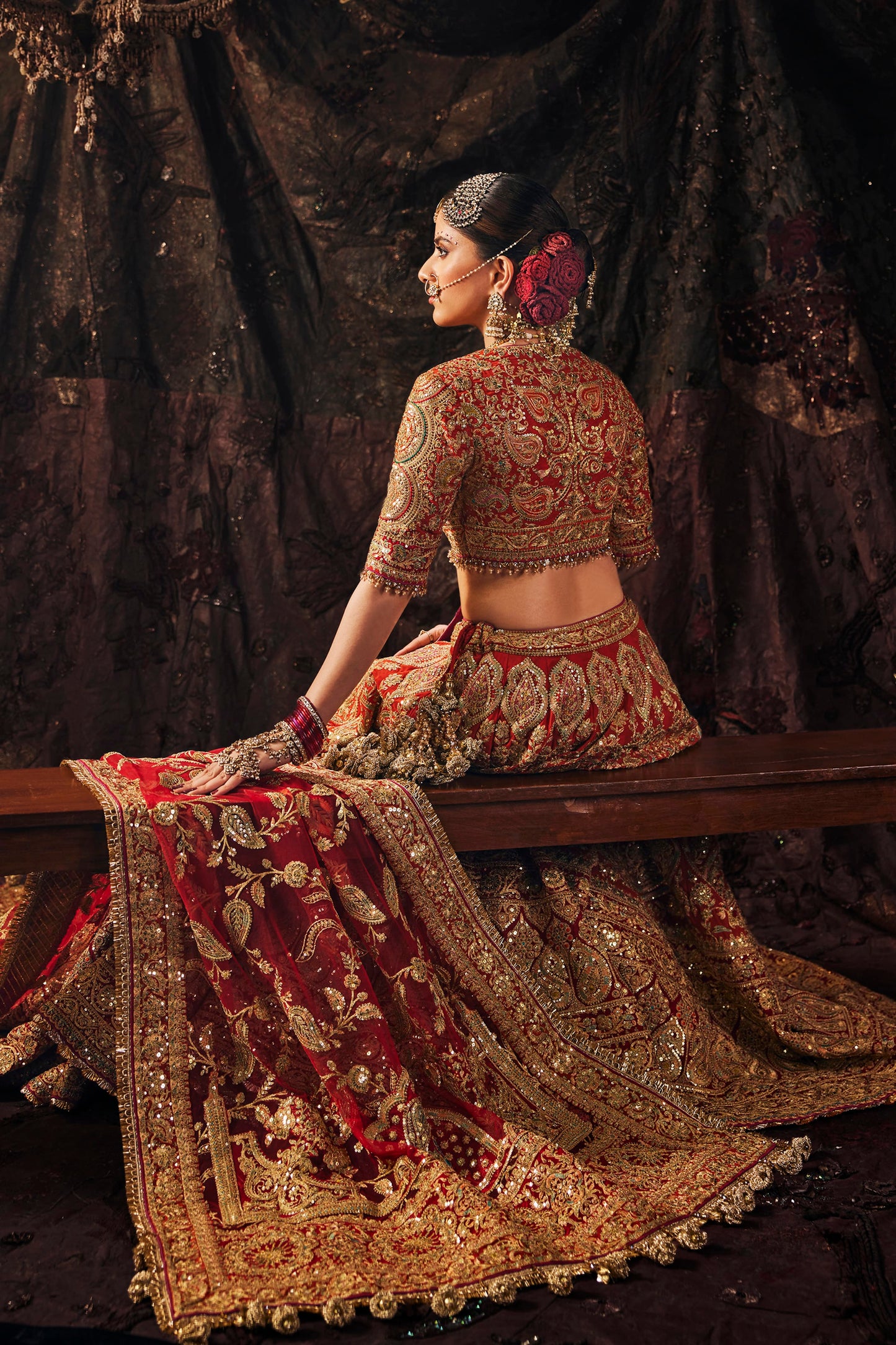 Deep Red Embroidered Georgette Lehenga