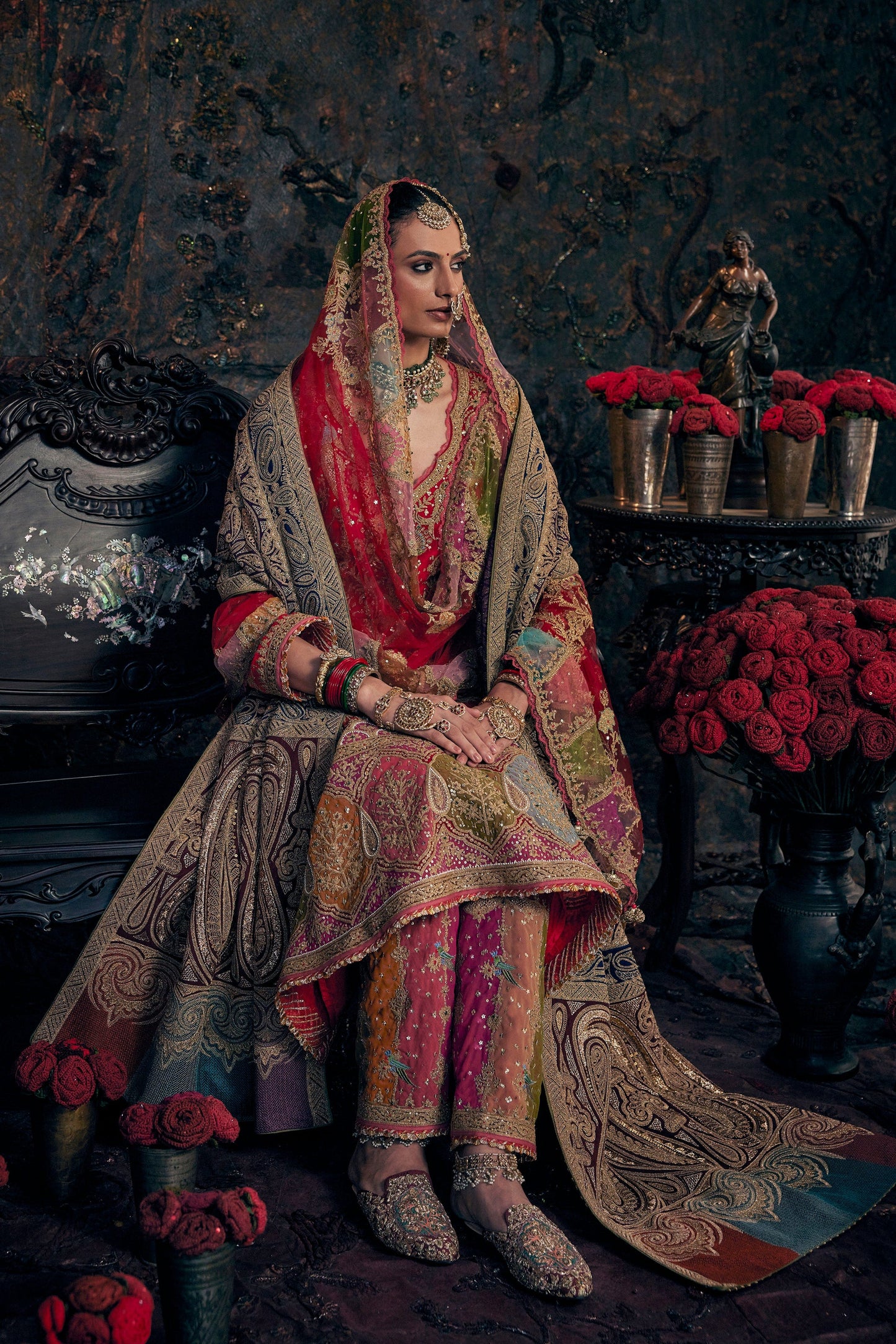 Vivid Red Embroidered Kalidar Set