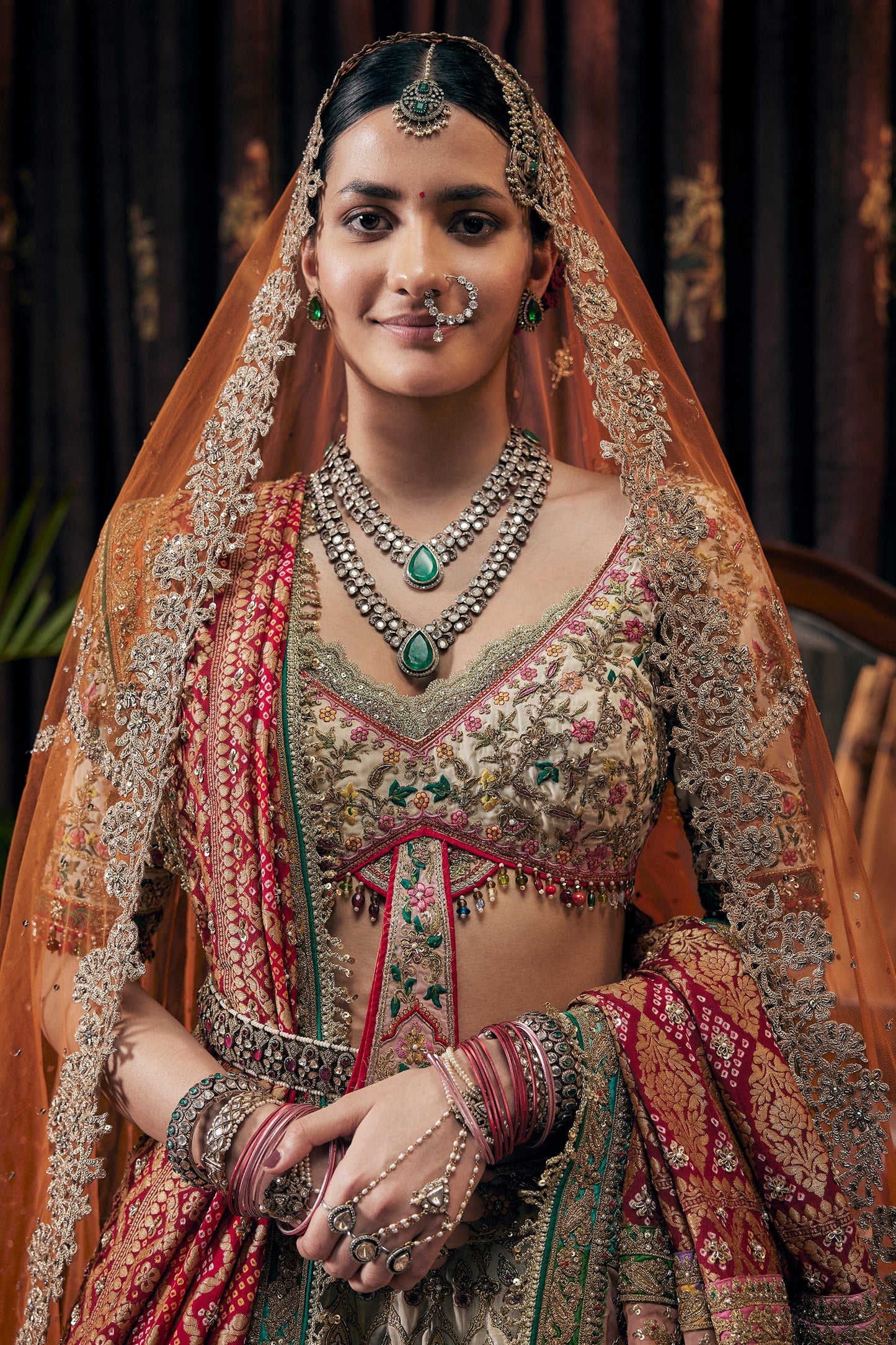 Ivory And Deep Red Lehenga