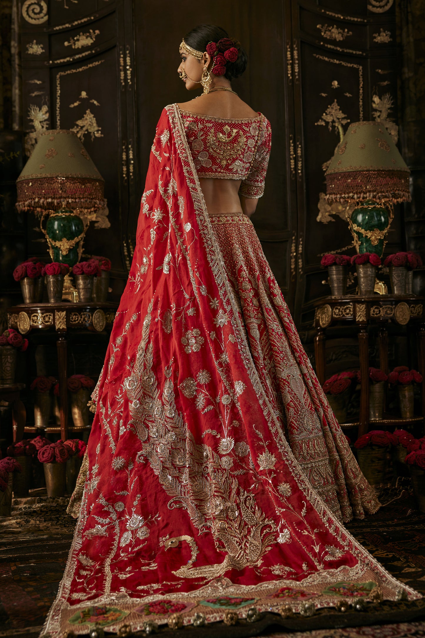 Lush Red Floral Bouquets Lehenga