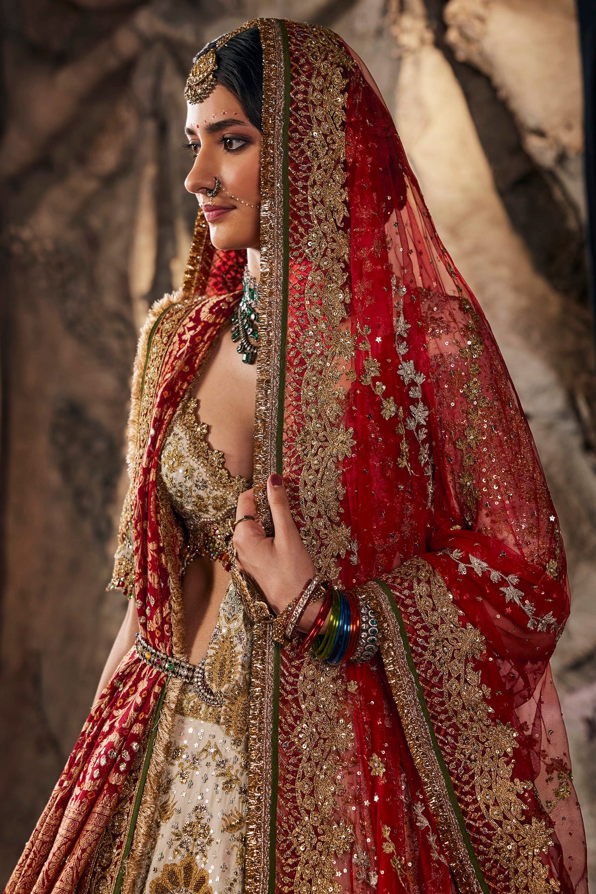 Red & Ivory Embroidered Georgette Lehenga