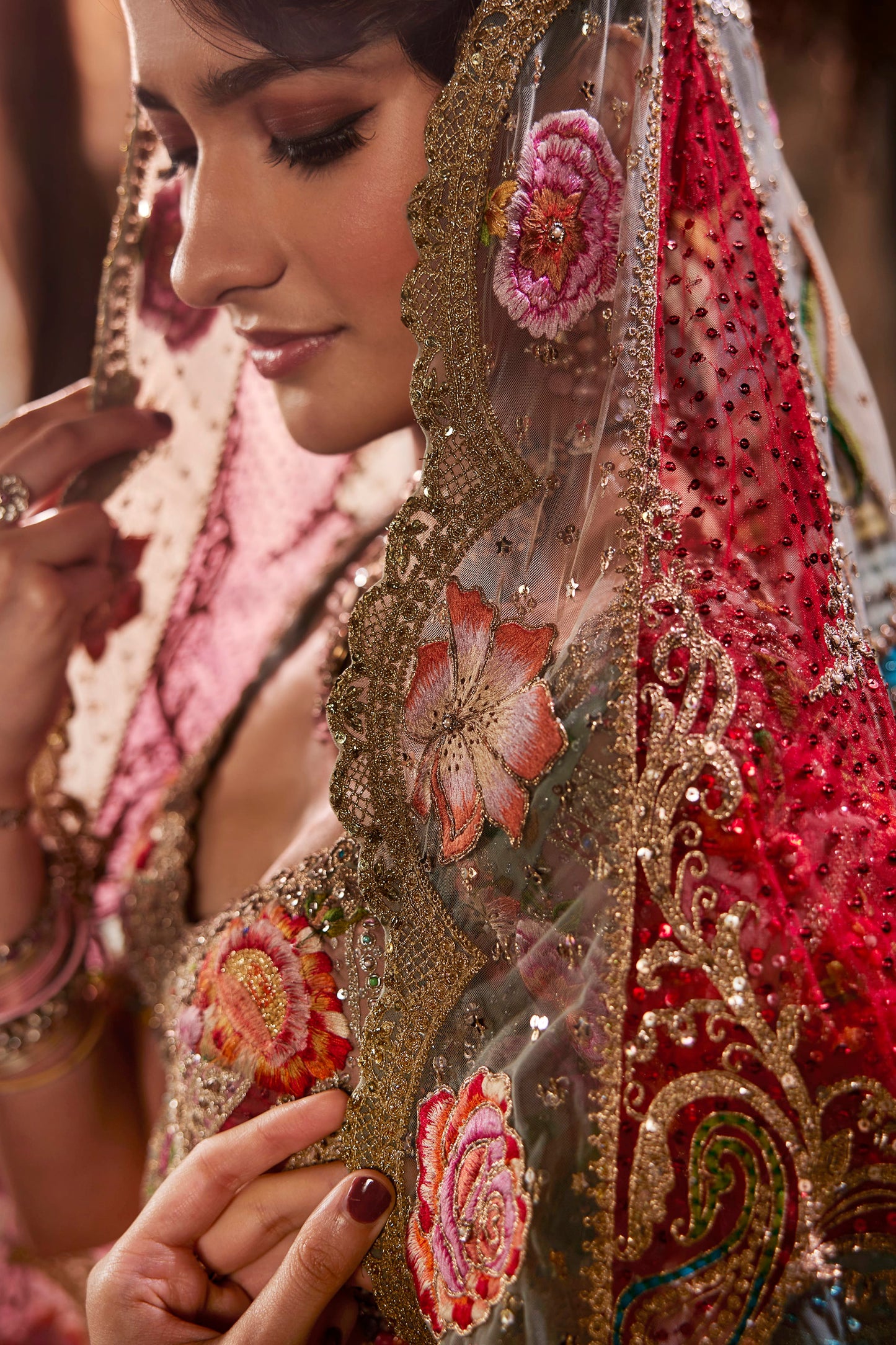 Frosted Blue Baroque Embroidered Tulle Lehenga