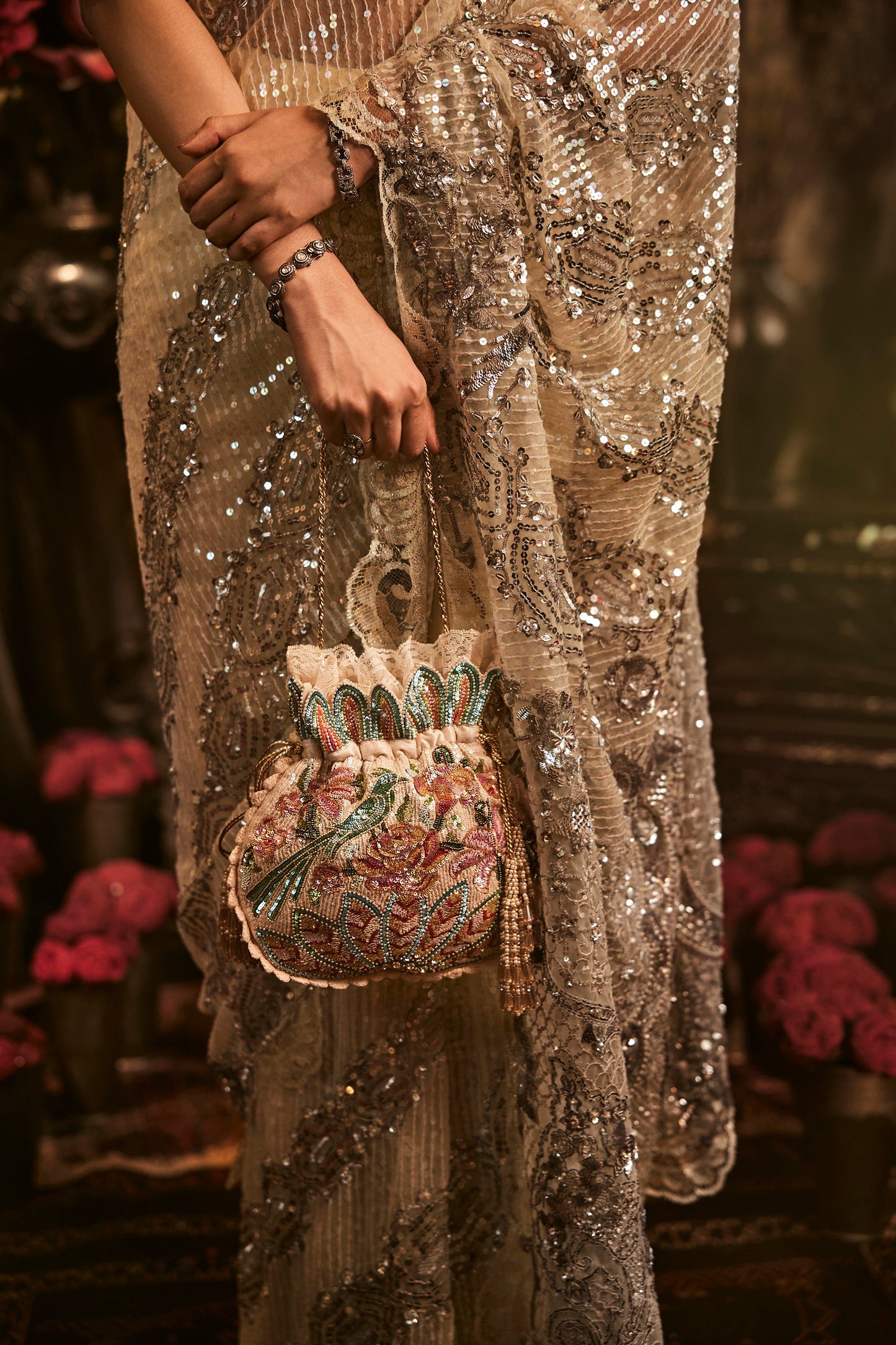 Ivory Sequinned Tulle Saree