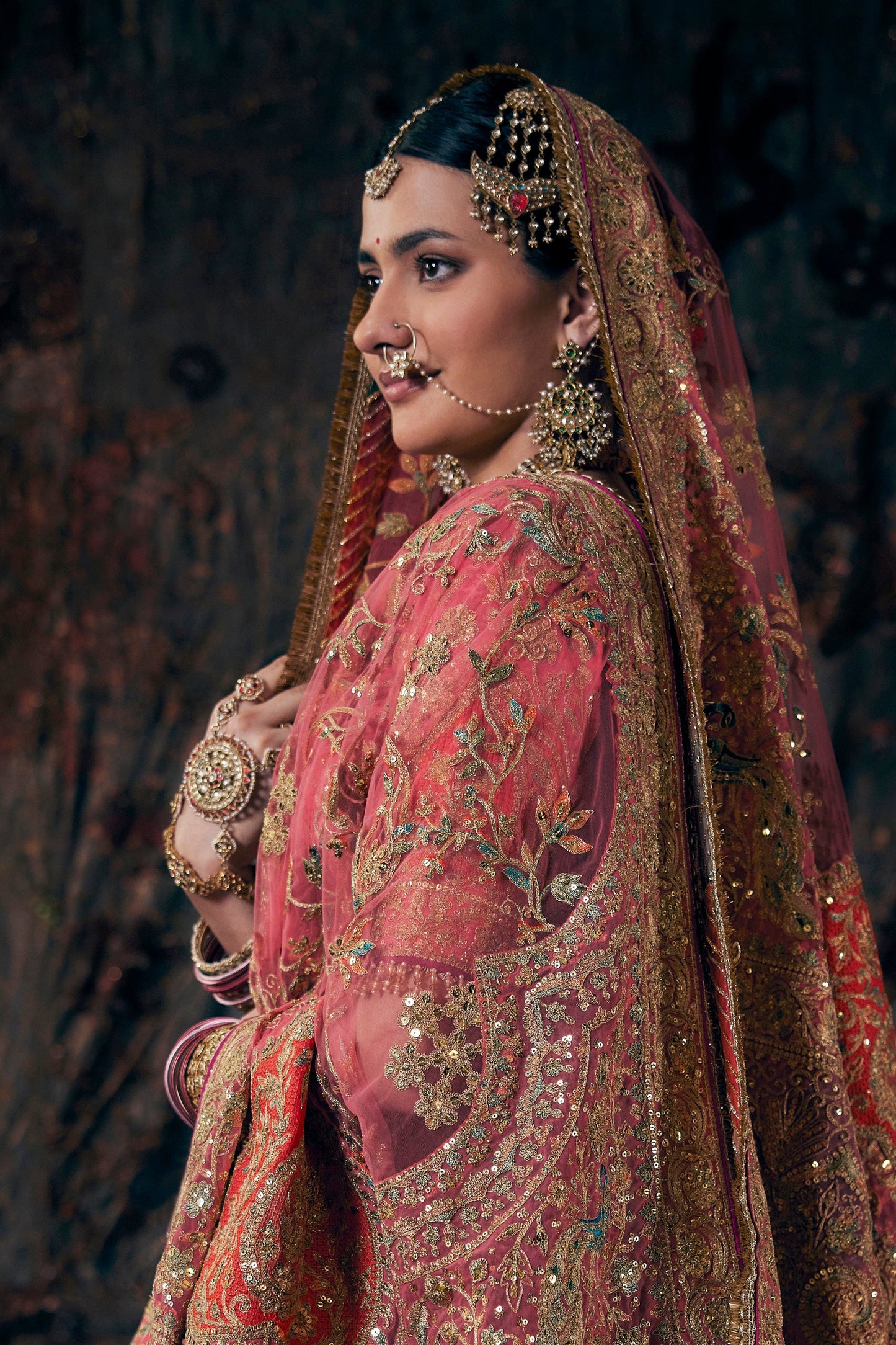 Coral Hued Embroidered Lehenga