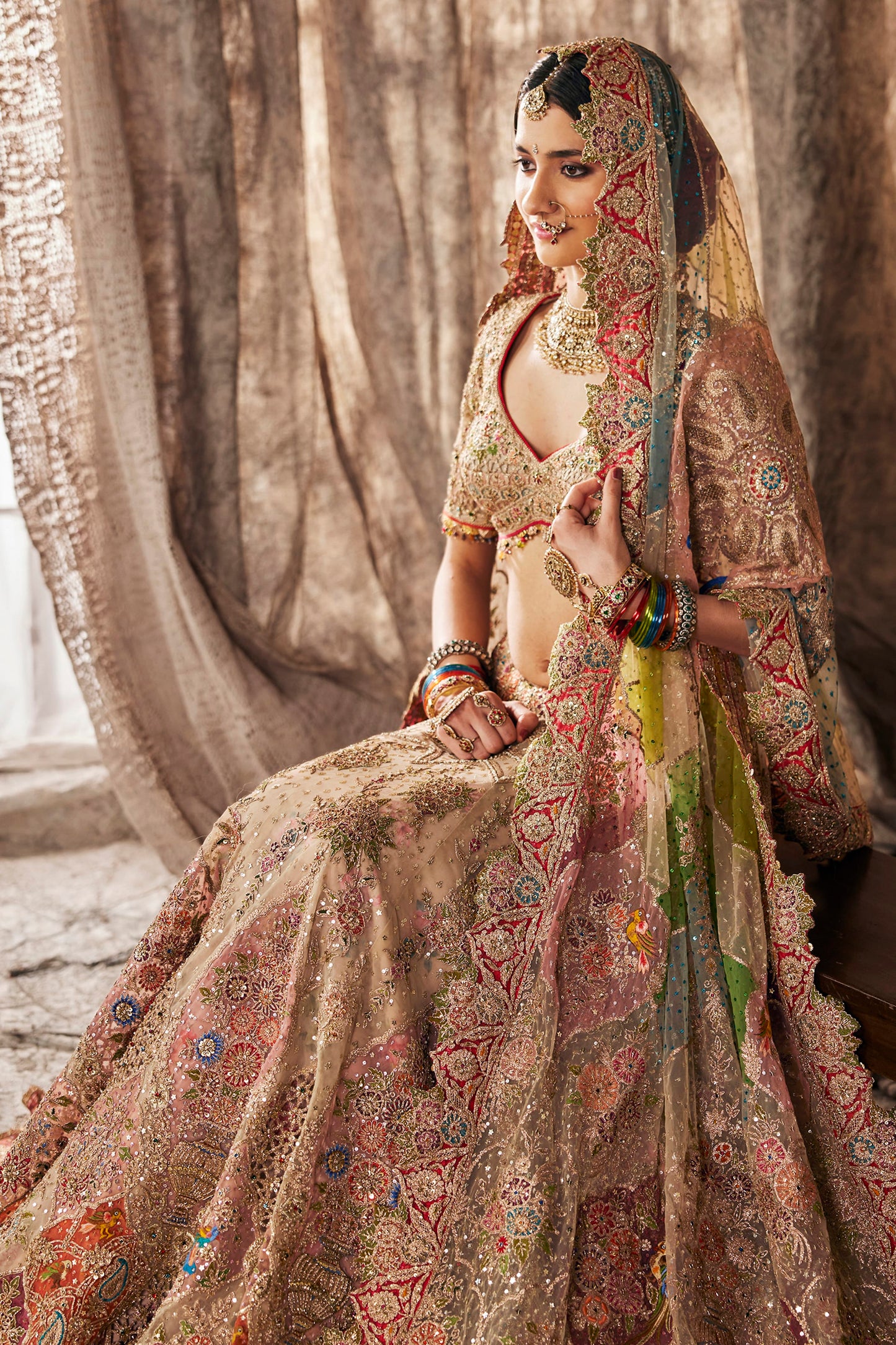 Ivory Mughal-Inspired Embroidered Tulle Lehenga