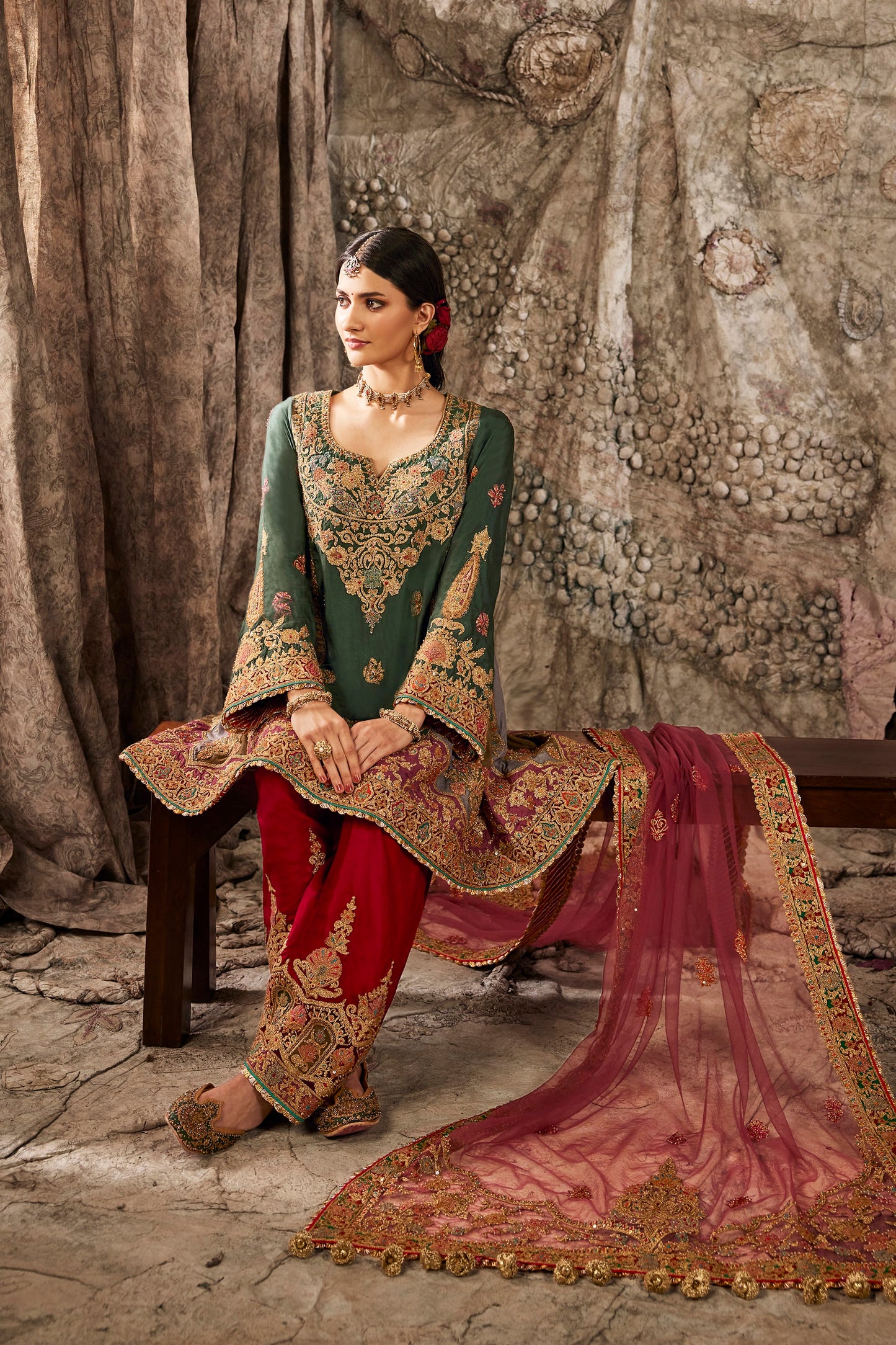 Teal Green Embroidered Flared Kurta Set