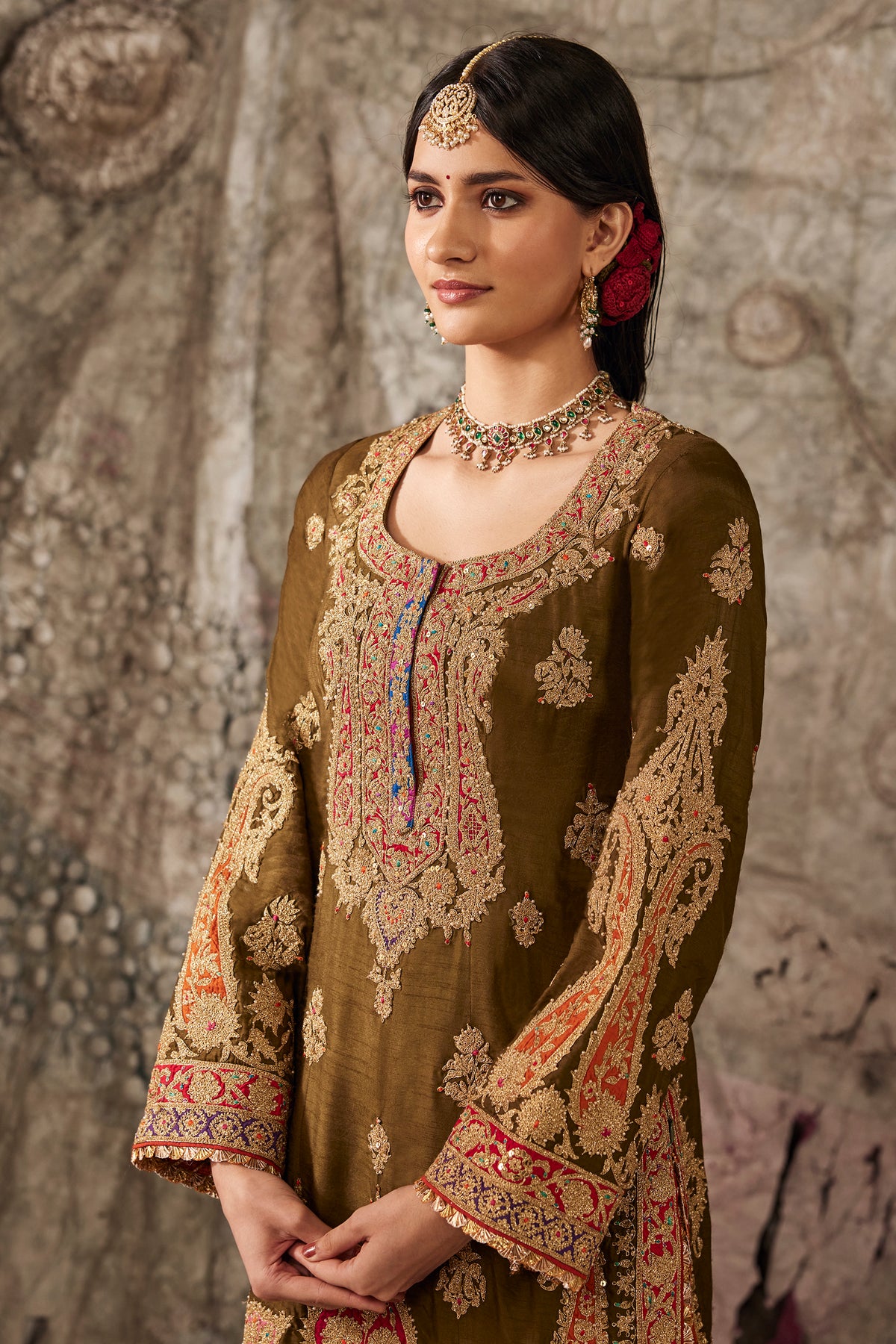 Olive Green Paisley Embroidered Kurta Set