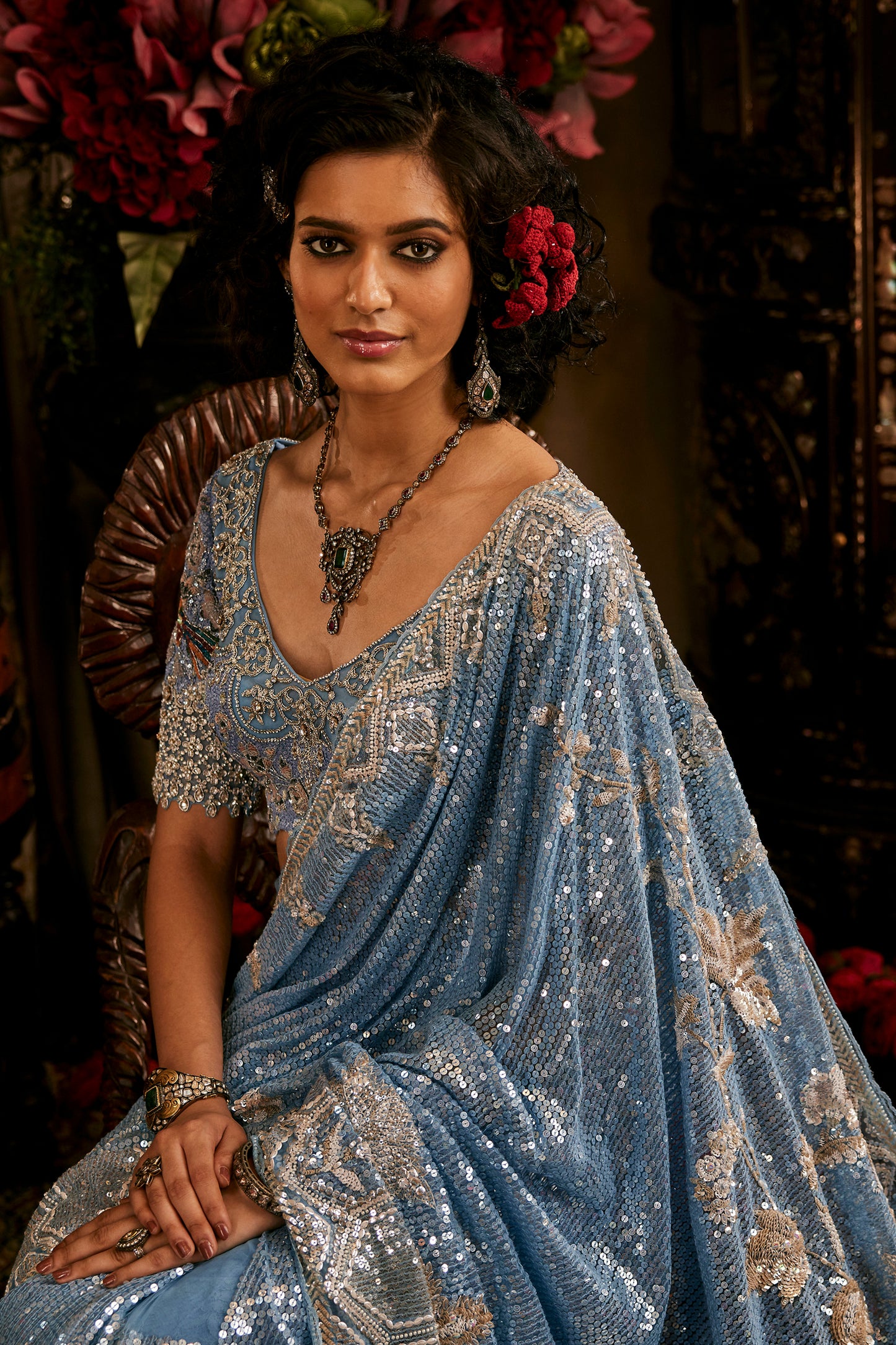 Blue Embroidered Tulle Saree