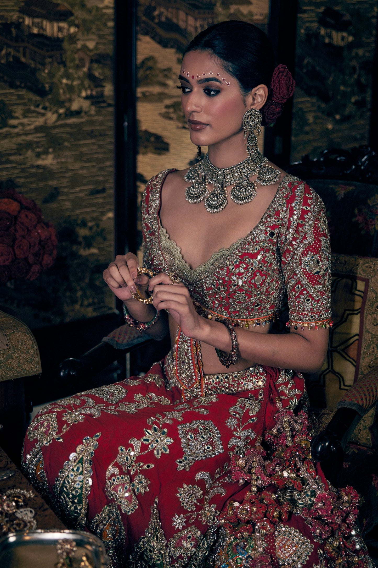 Vivid Red Embroidered Lehenga