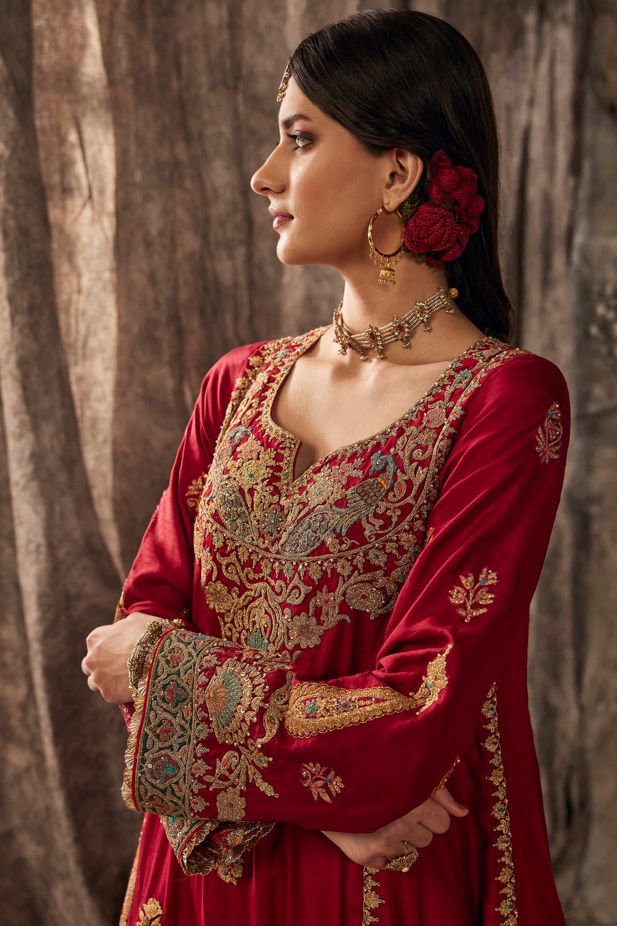 Earthy Red Embroidered Flared Kurta Set