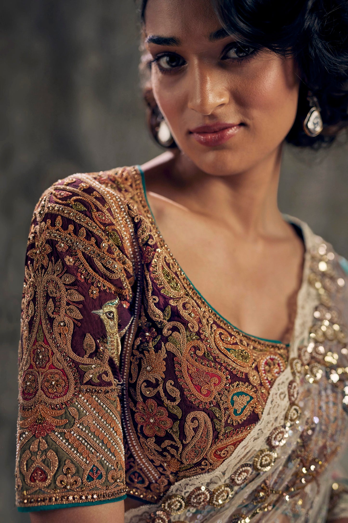 Ivory Art Deco Embroidered Tulle Saree