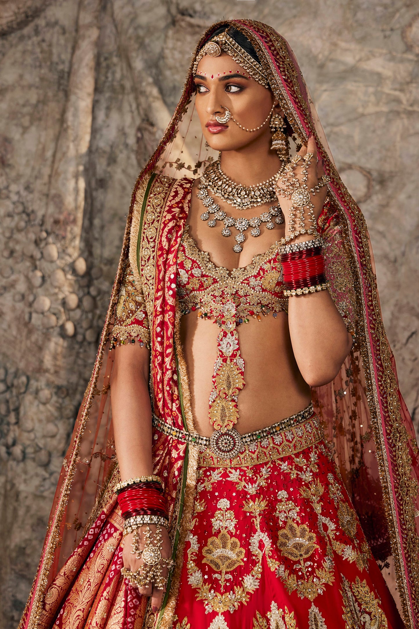 Red & Antique Gold Embroidered Lehenga