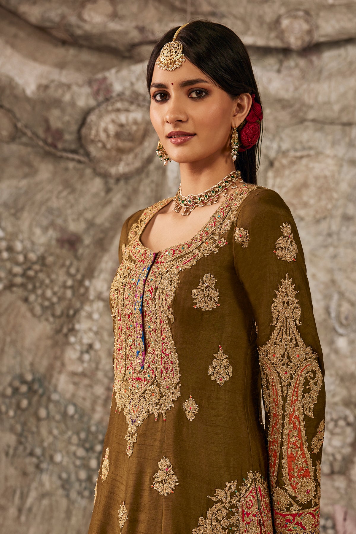 Olive Green Paisley Embroidered Kurta Set