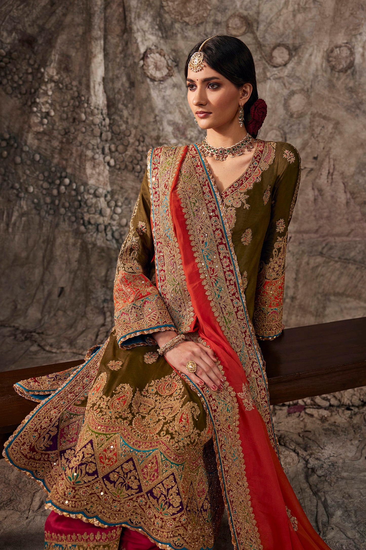 Deep Olive Green Embroidered Kurta Set