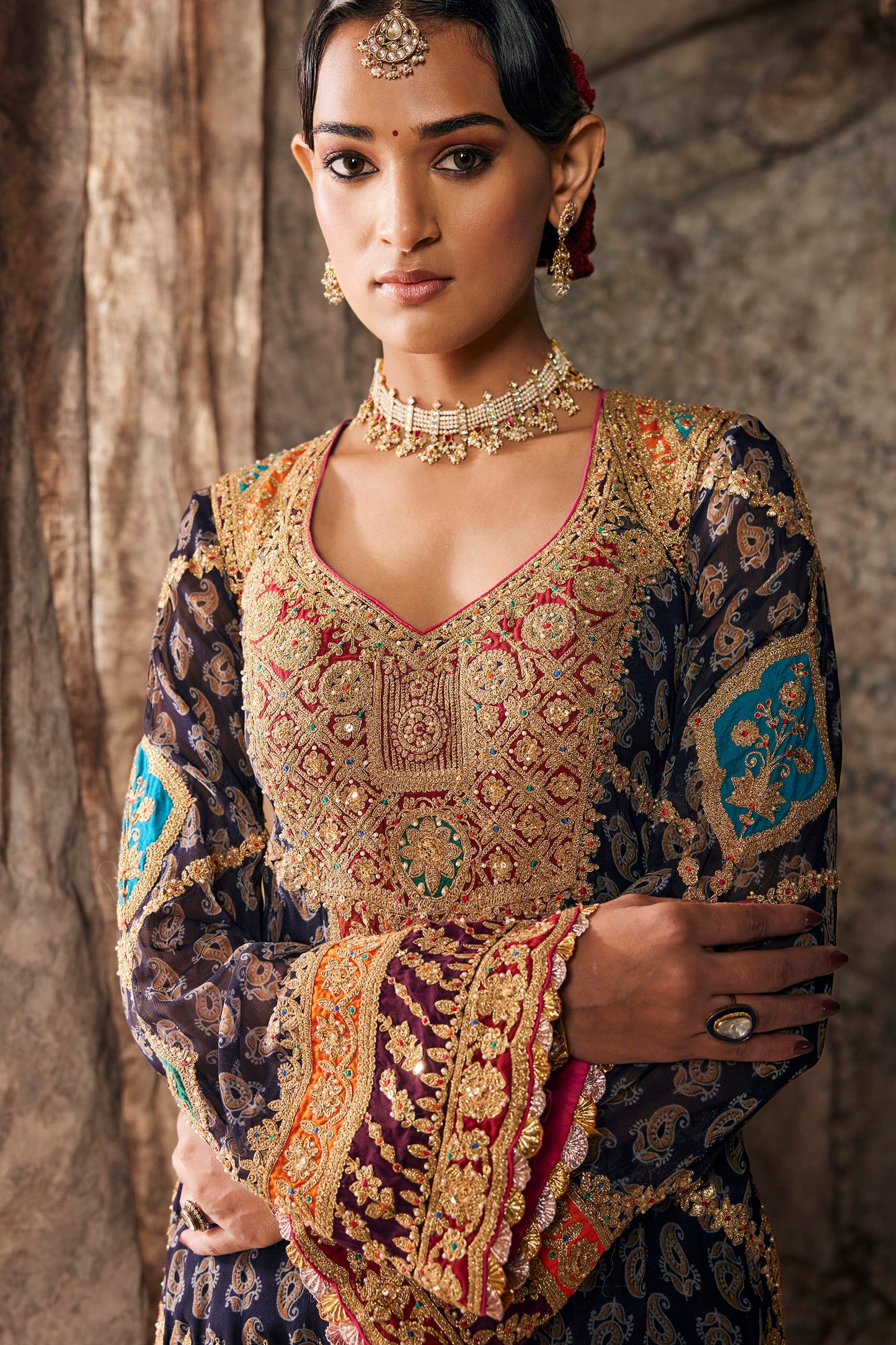 Midnight Blue & Ruby Pink Embroidered Kurti Set