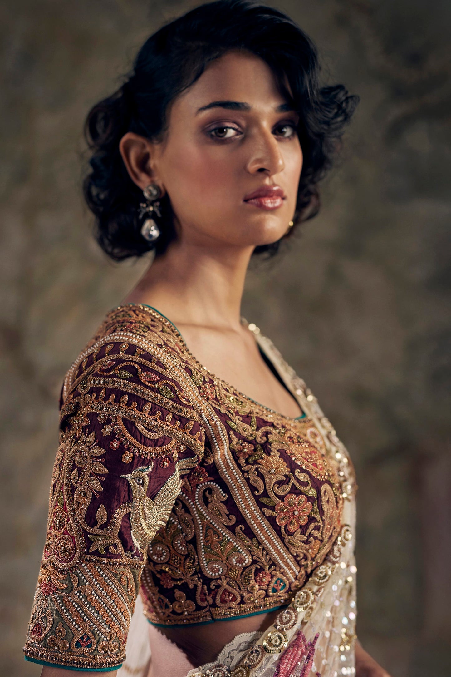 Ivory Art Deco Embroidered Tulle Saree