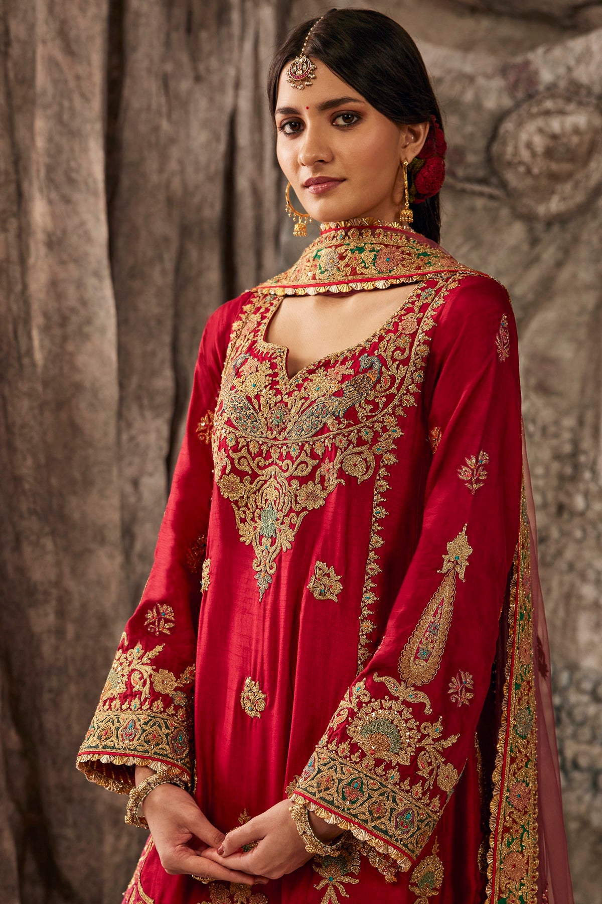 Earthy Red Embroidered Flared Kurta Set