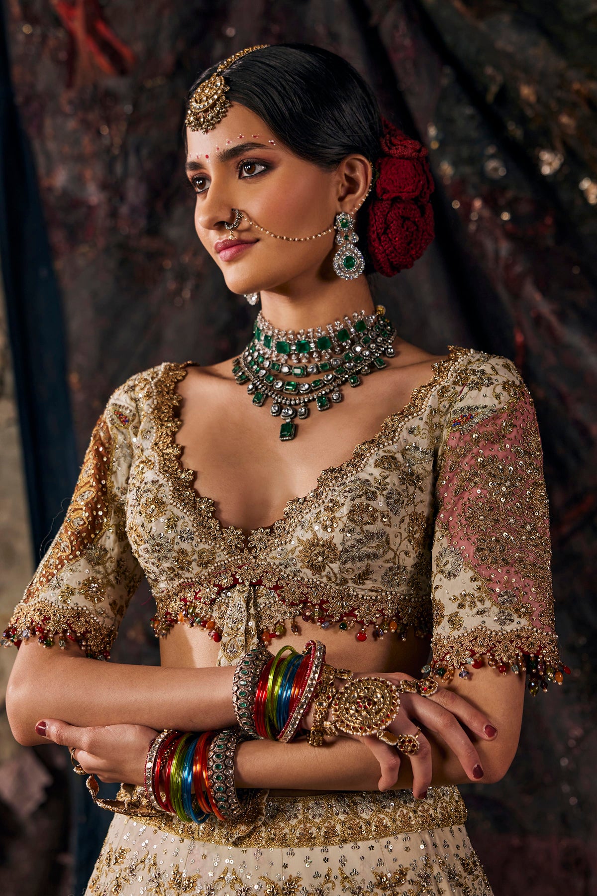 Red & Ivory Embroidered Georgette Lehenga