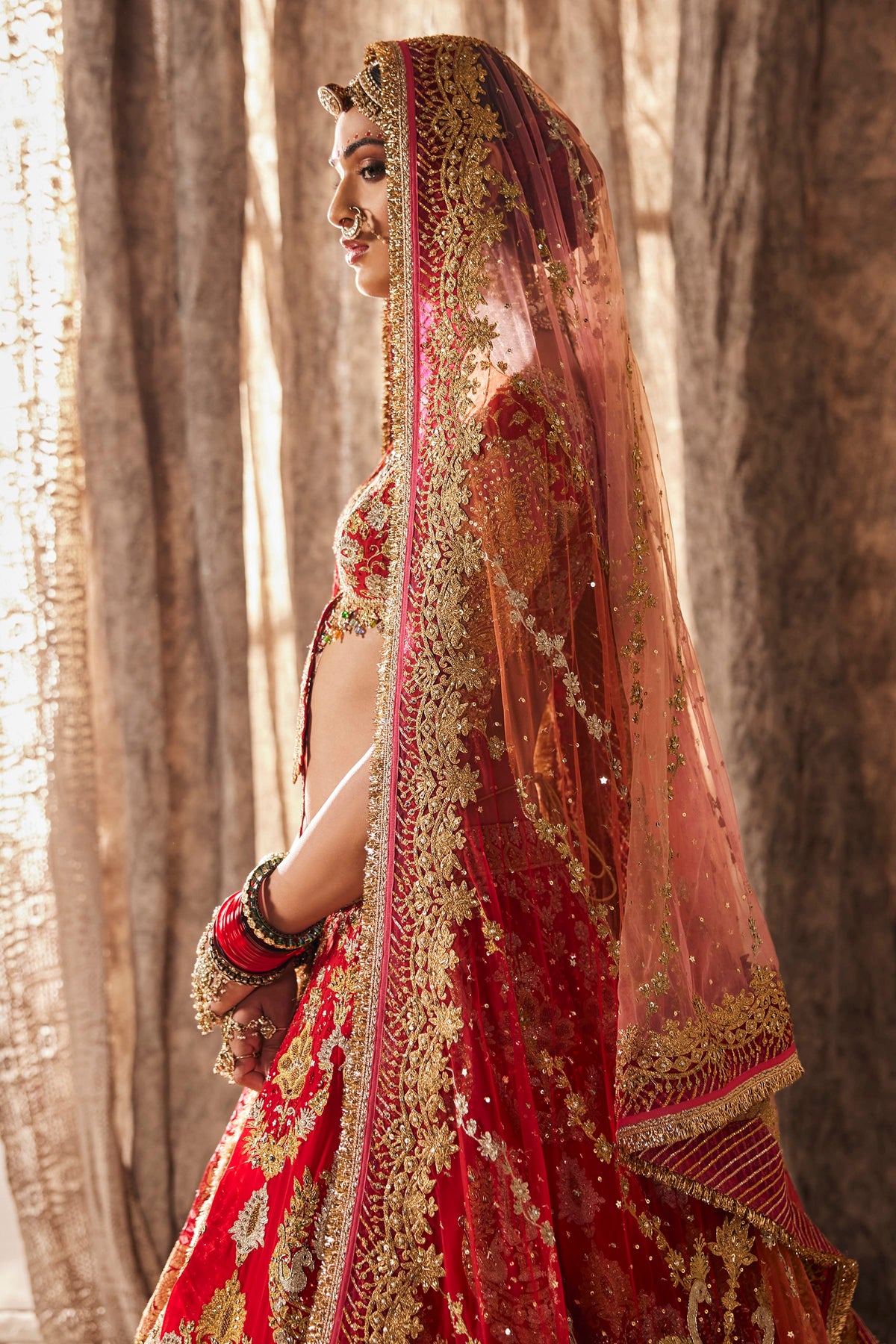Red & Antique Gold Embroidered Lehenga