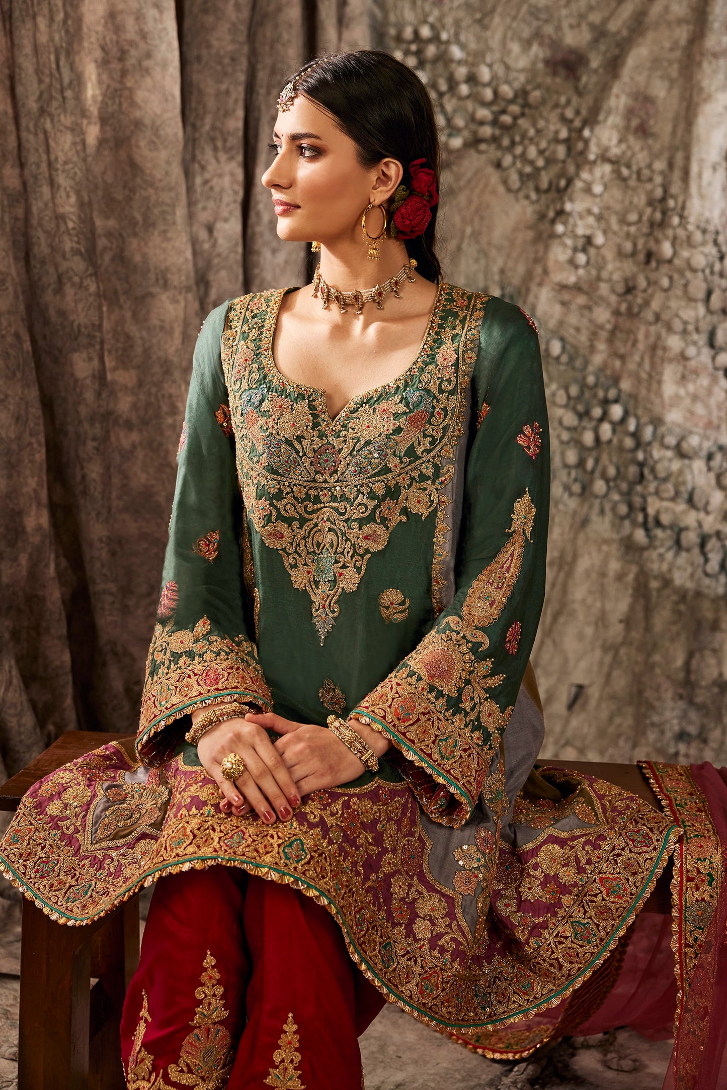 Teal Green Embroidered Flared Kurta Set