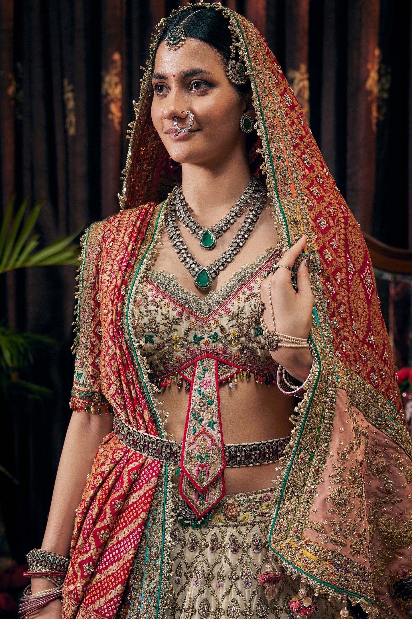 Ivory And Deep Red Lehenga