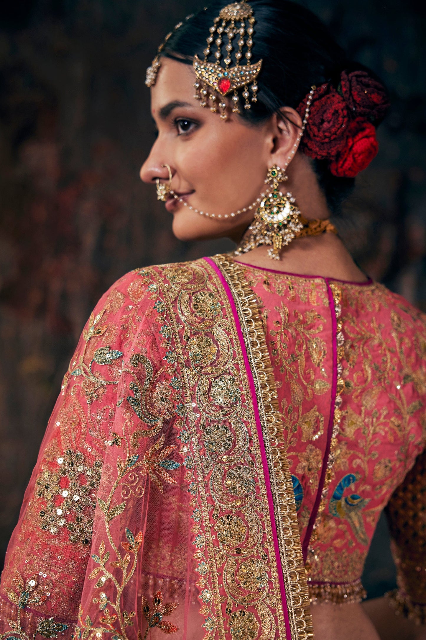 Coral Hued Embroidered Lehenga