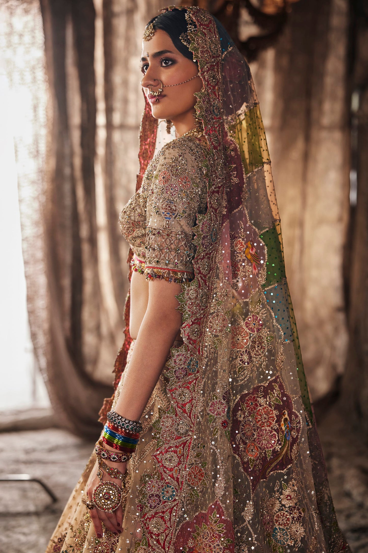 Ivory Mughal-Inspired Embroidered Tulle Lehenga