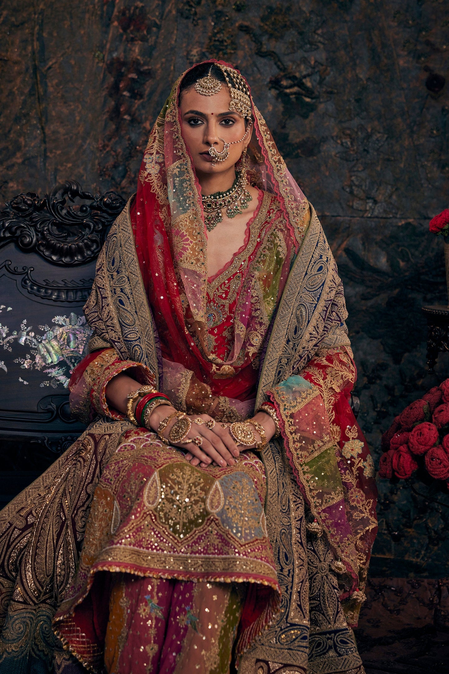 Vivid Red Embroidered Kalidar Set