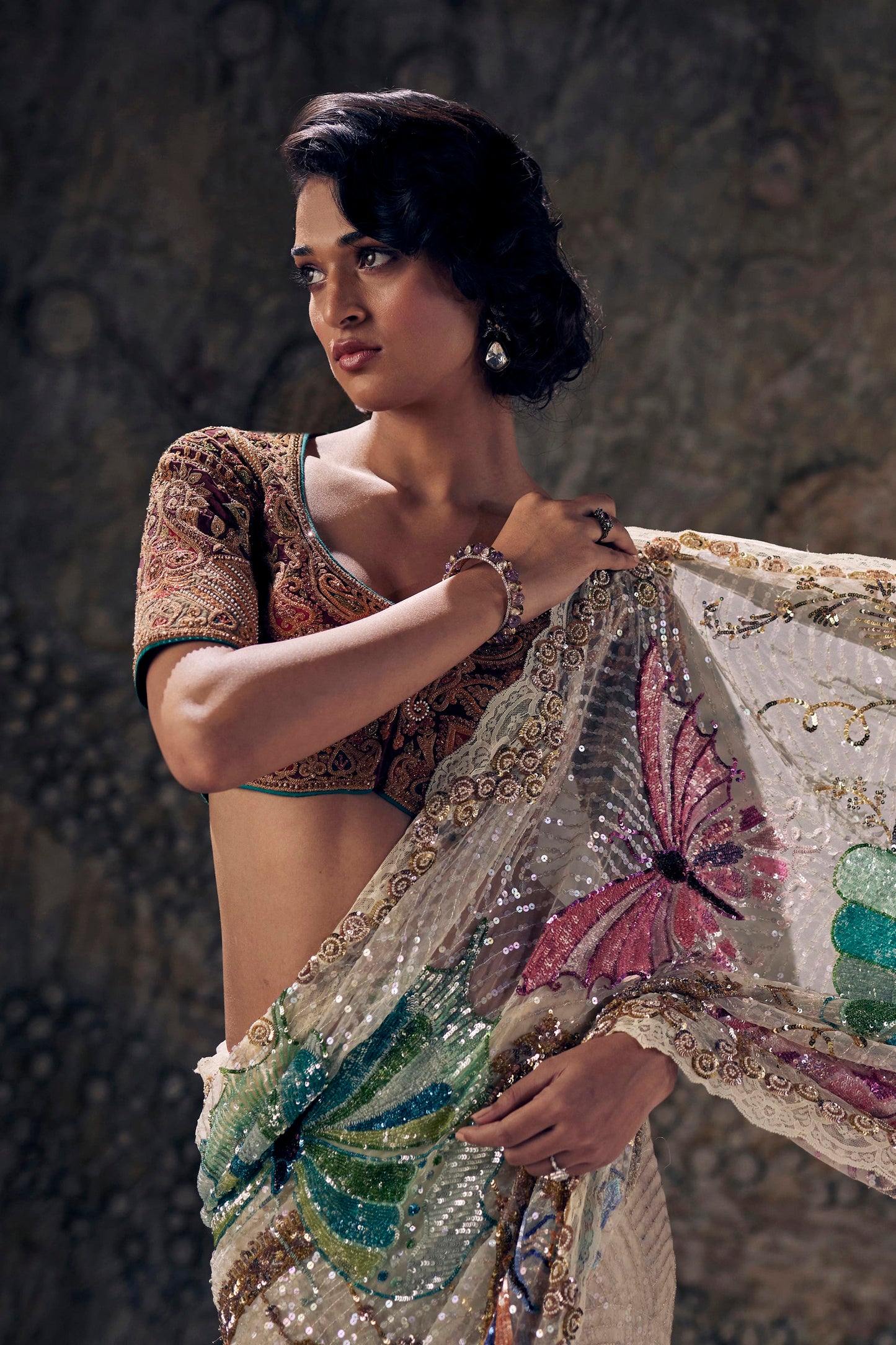 Ivory Art Deco Embroidered Tulle Saree