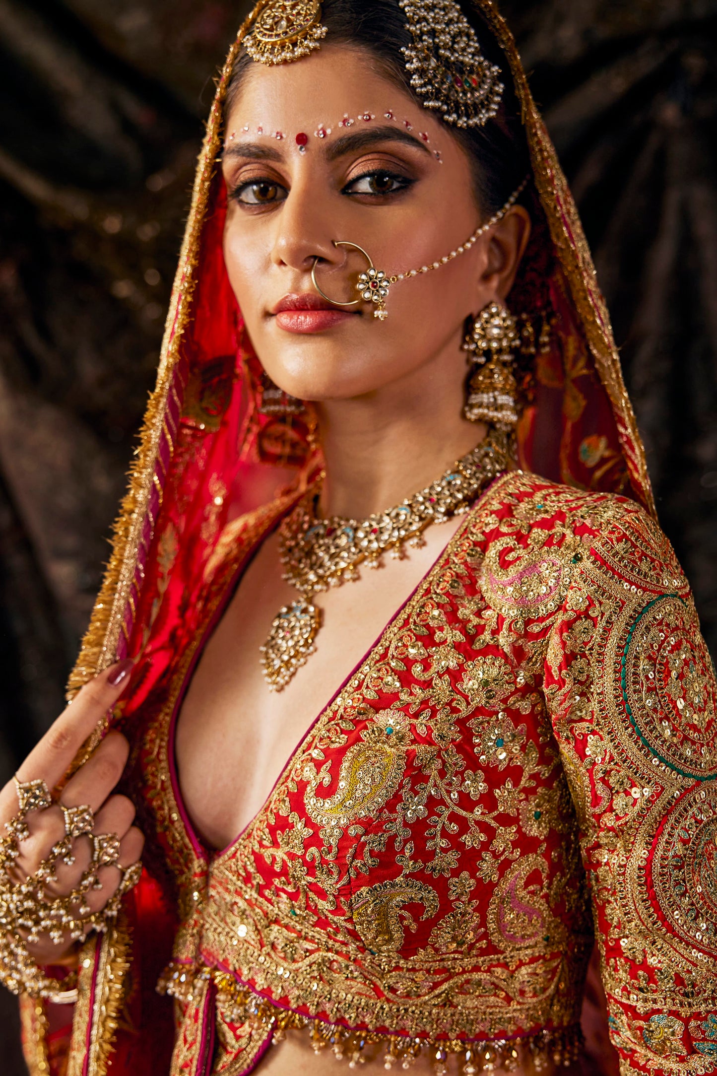 Deep Red Embroidered Georgette Lehenga
