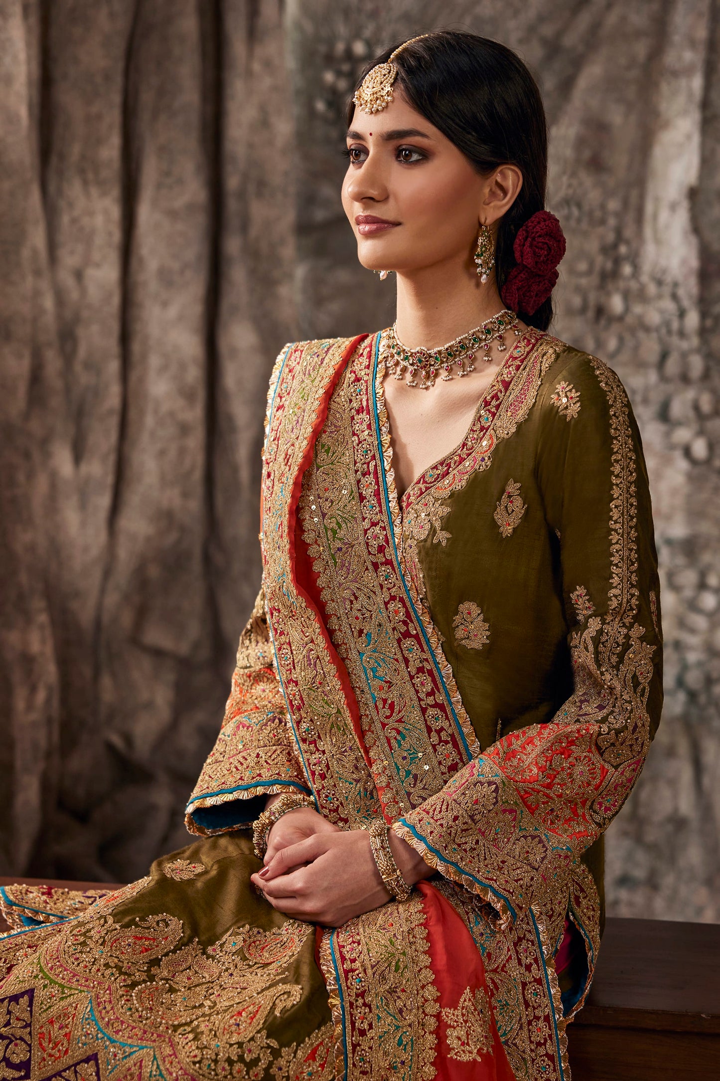 Deep Olive Green Embroidered Kurta Set