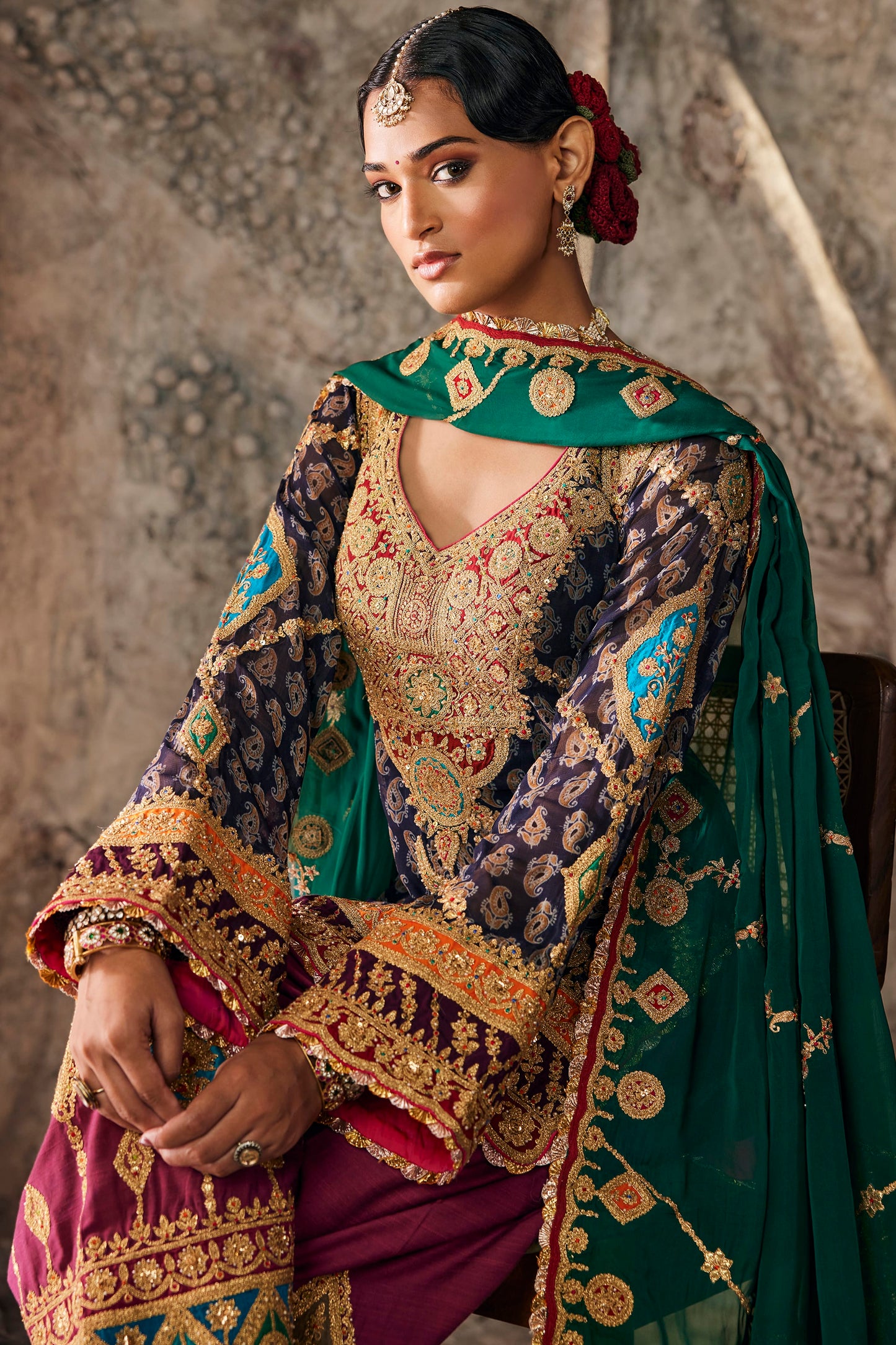 Midnight Blue & Ruby Pink Embroidered Kurti Set