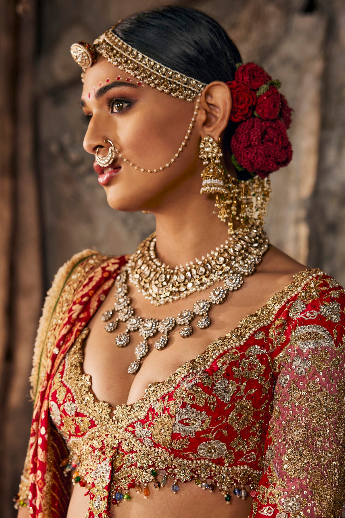 Red & Antique Gold Embroidered Lehenga