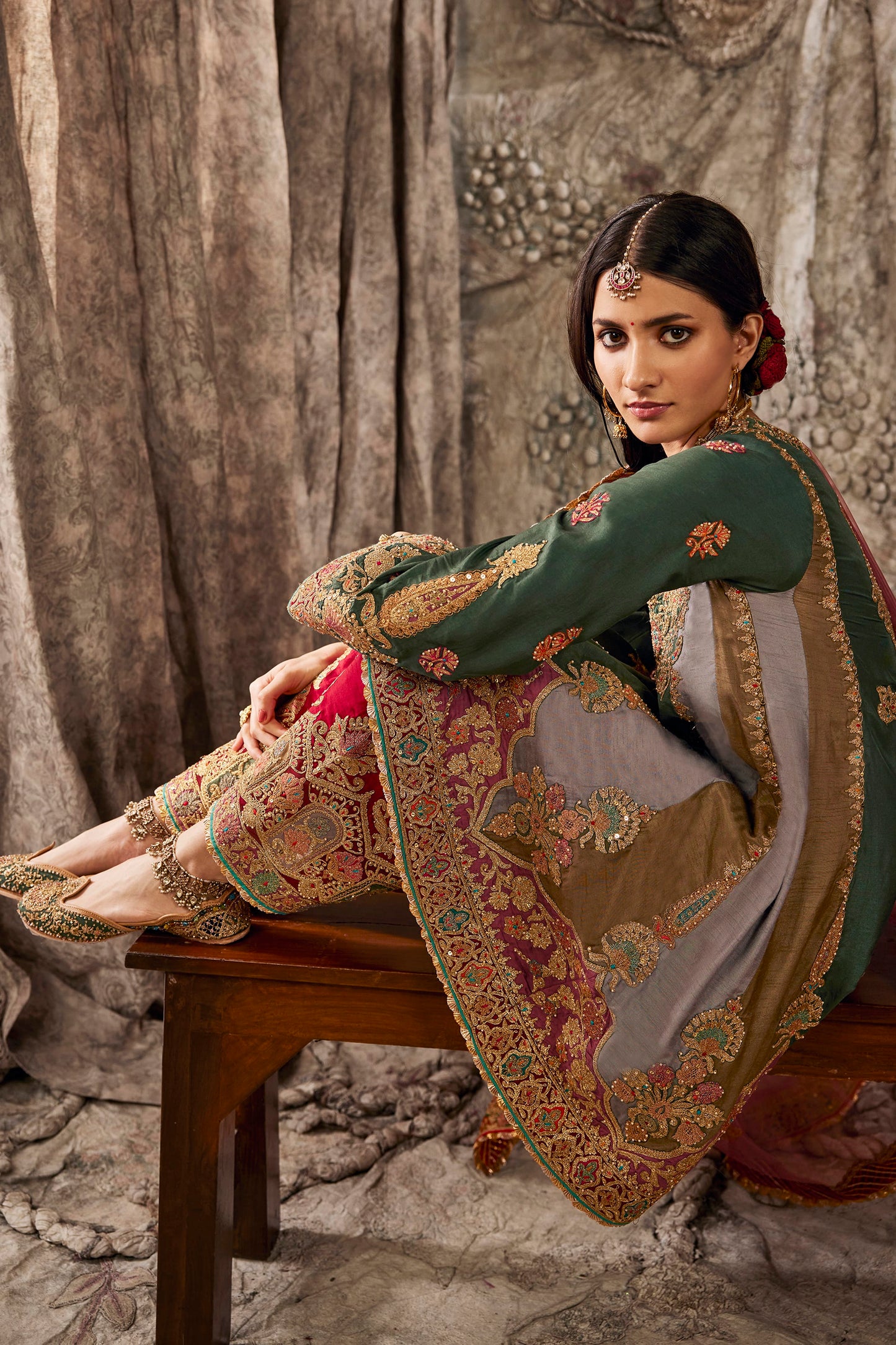 Teal Green Embroidered Flared Kurta Set