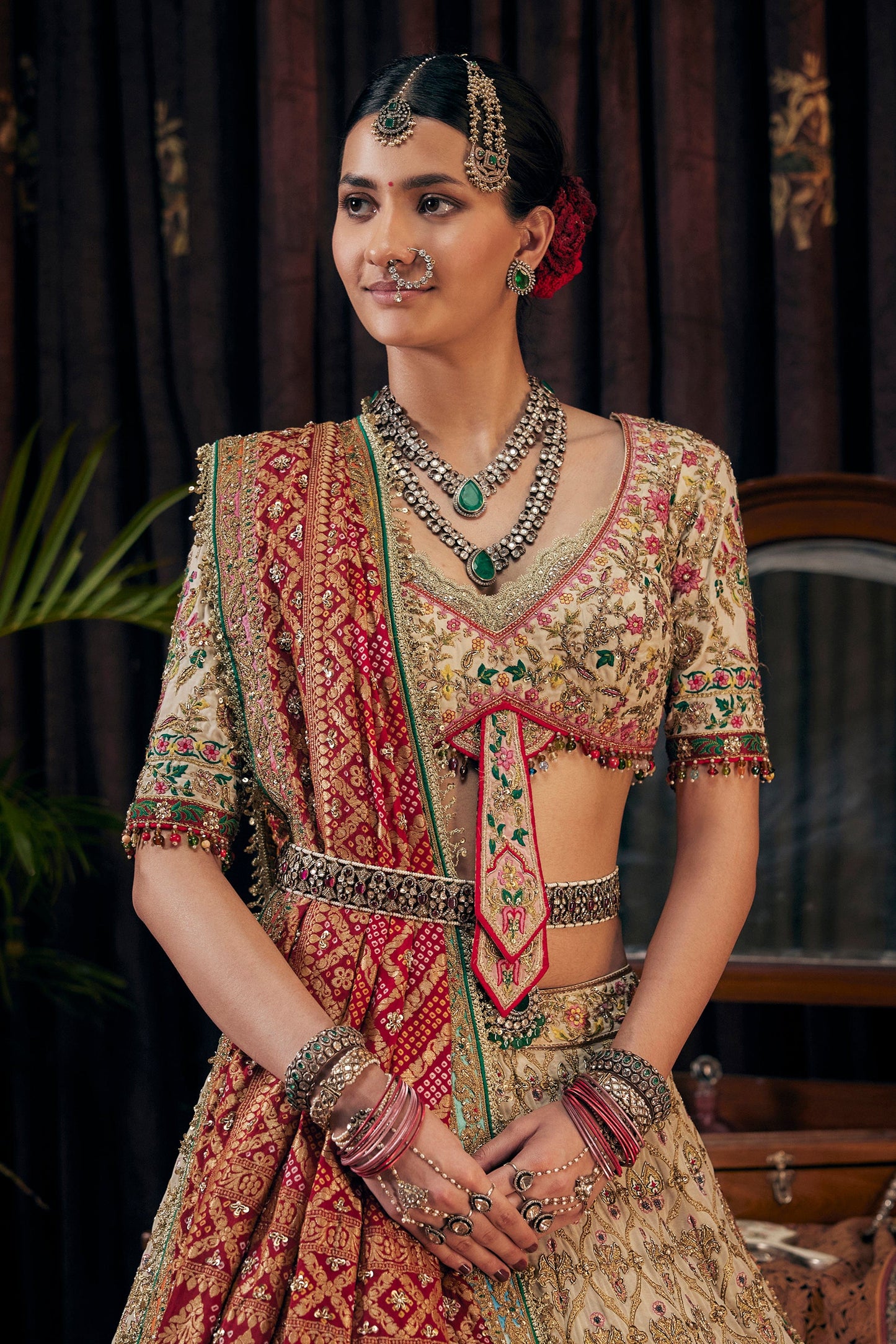 Ivory And Deep Red Lehenga