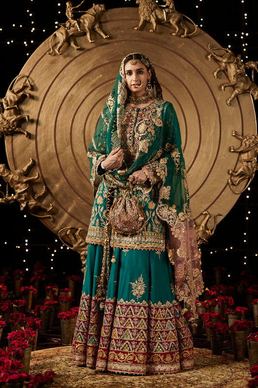 Teal Green Blended Silk Sharara Set