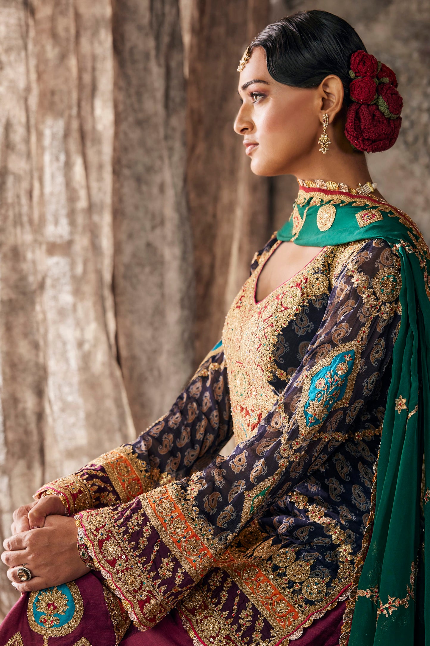 Midnight Blue & Ruby Pink Embroidered Kurti Set