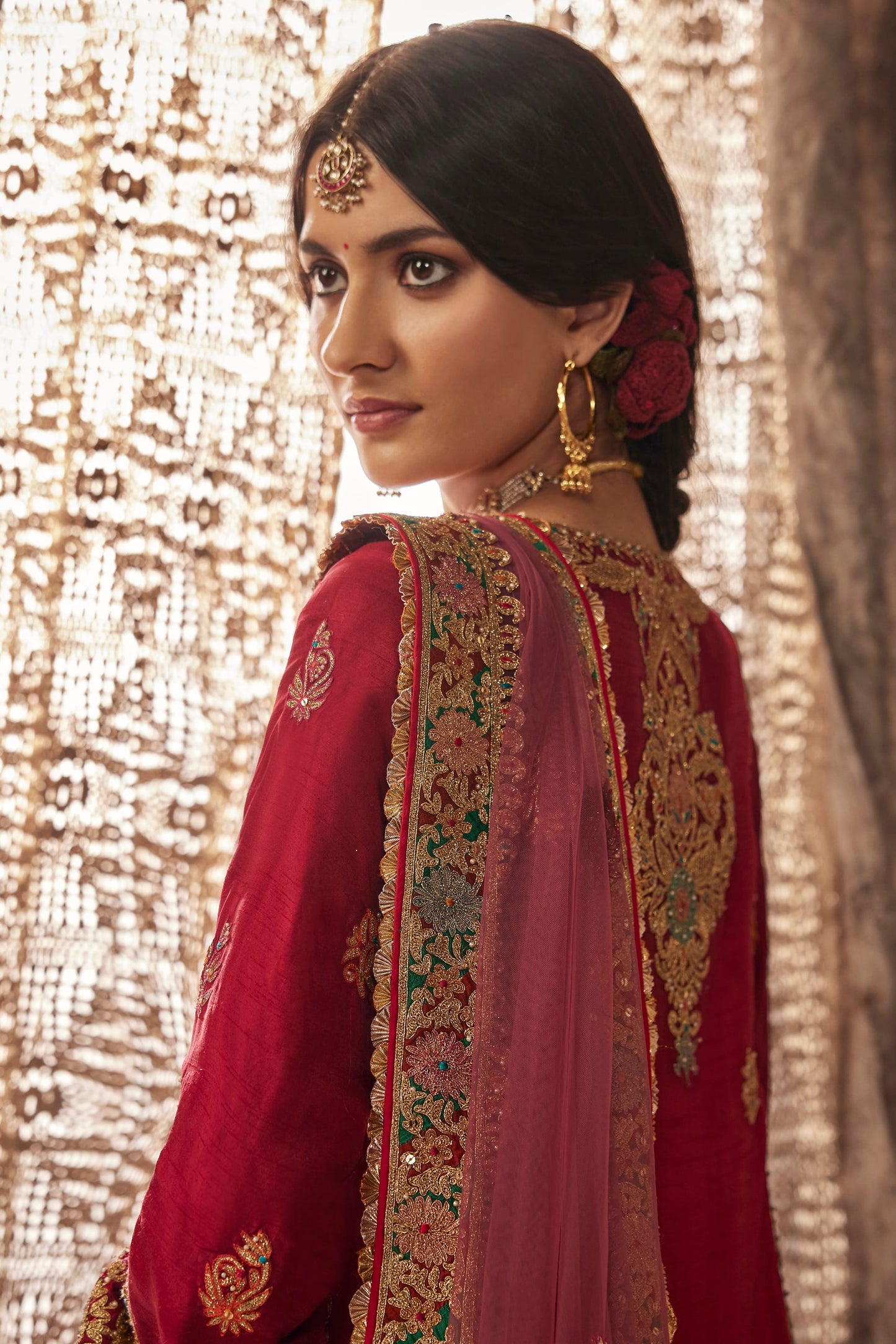 Earthy Red Embroidered Flared Kurta Set