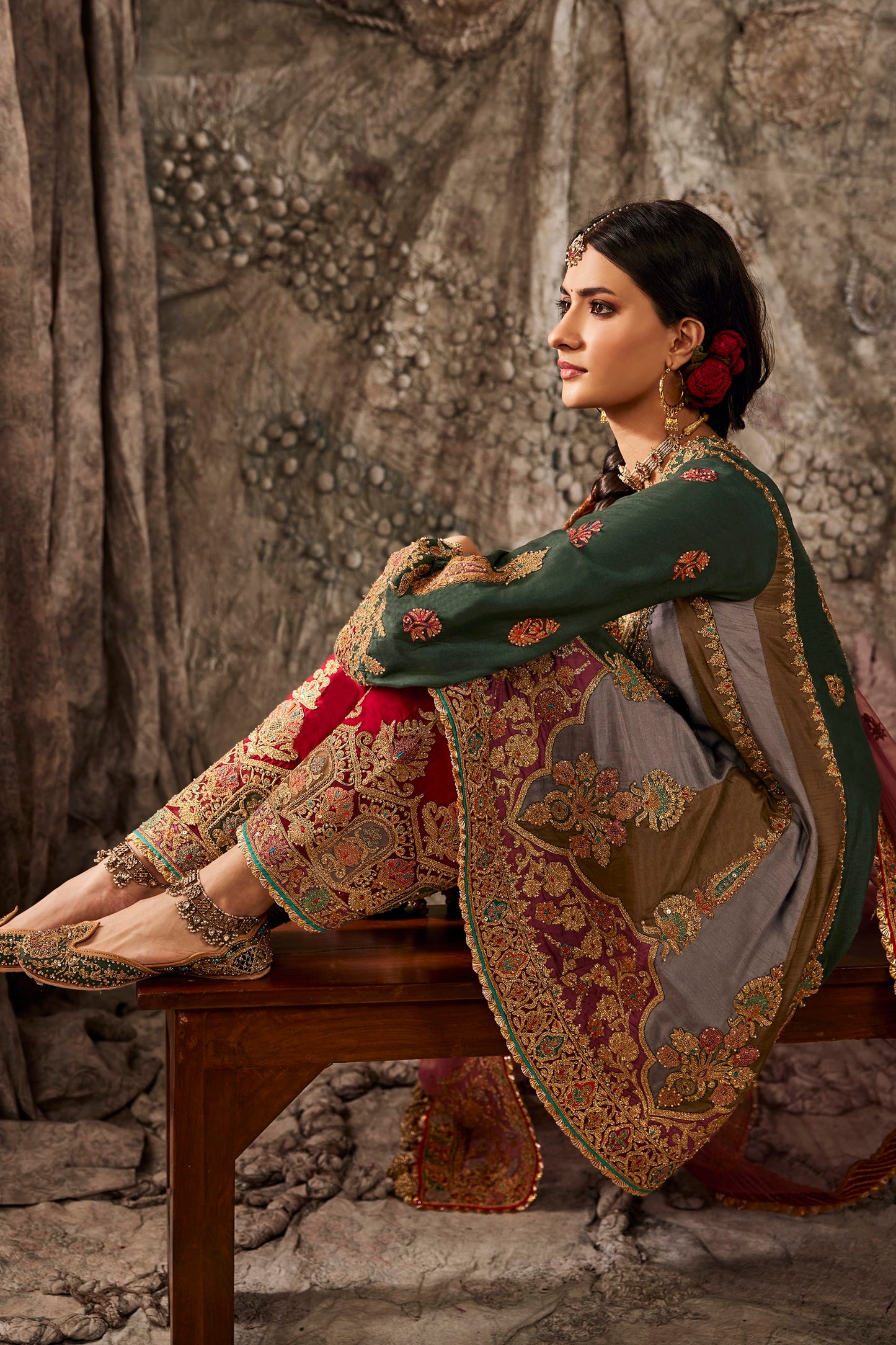 Teal Green Embroidered Flared Kurta Set