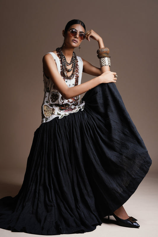 Mist Ivory & Black Blossom Patchscape Contrast Dress