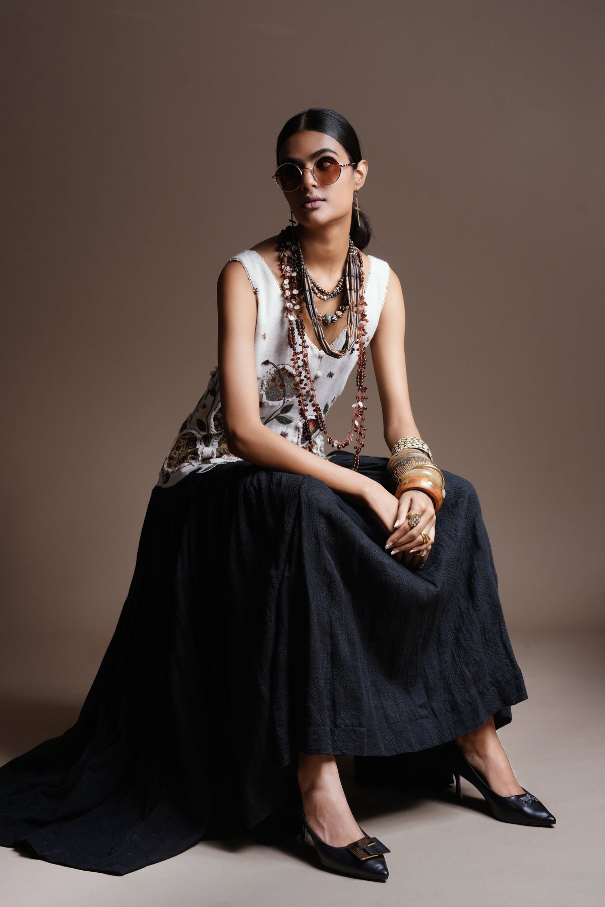 Mist Ivory & Black Blossom Patchscape Contrast Dress