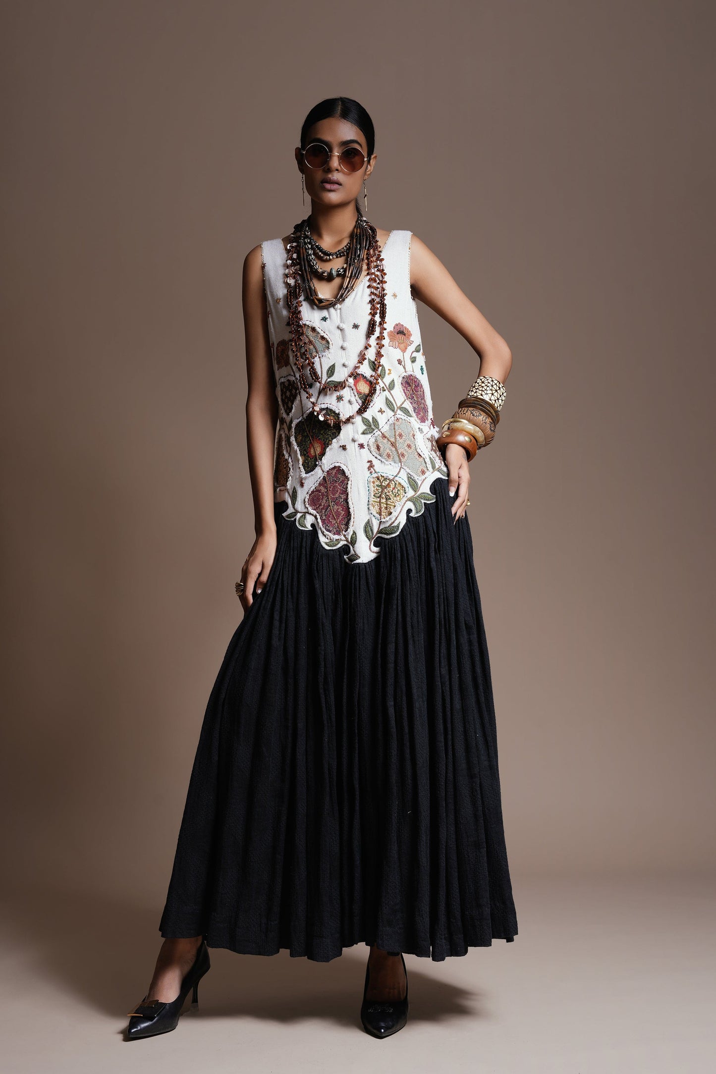 Mist Ivory & Black Blossom Patchscape Contrast Dress