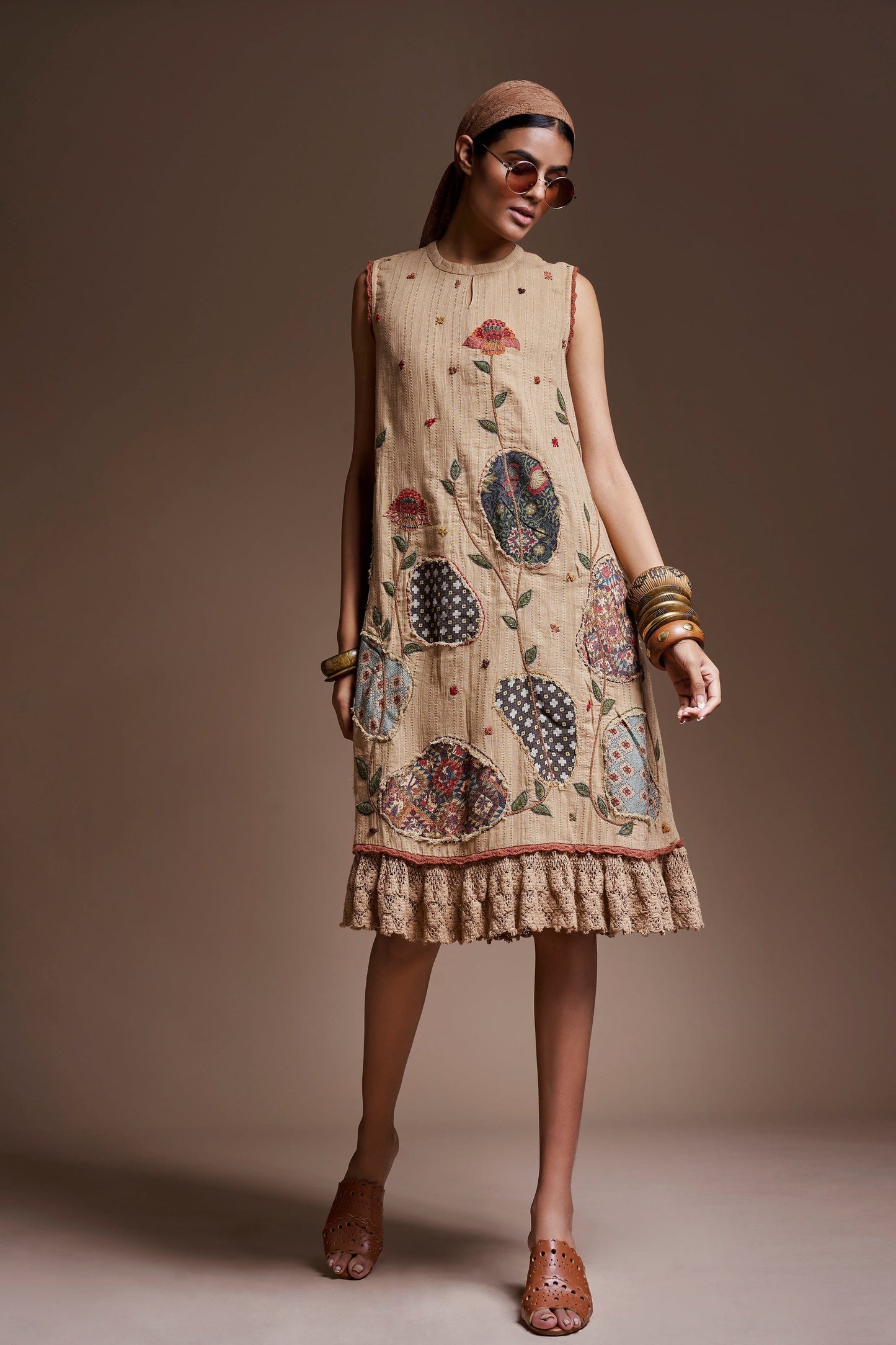 Beige Blossom Patch Cape Dress