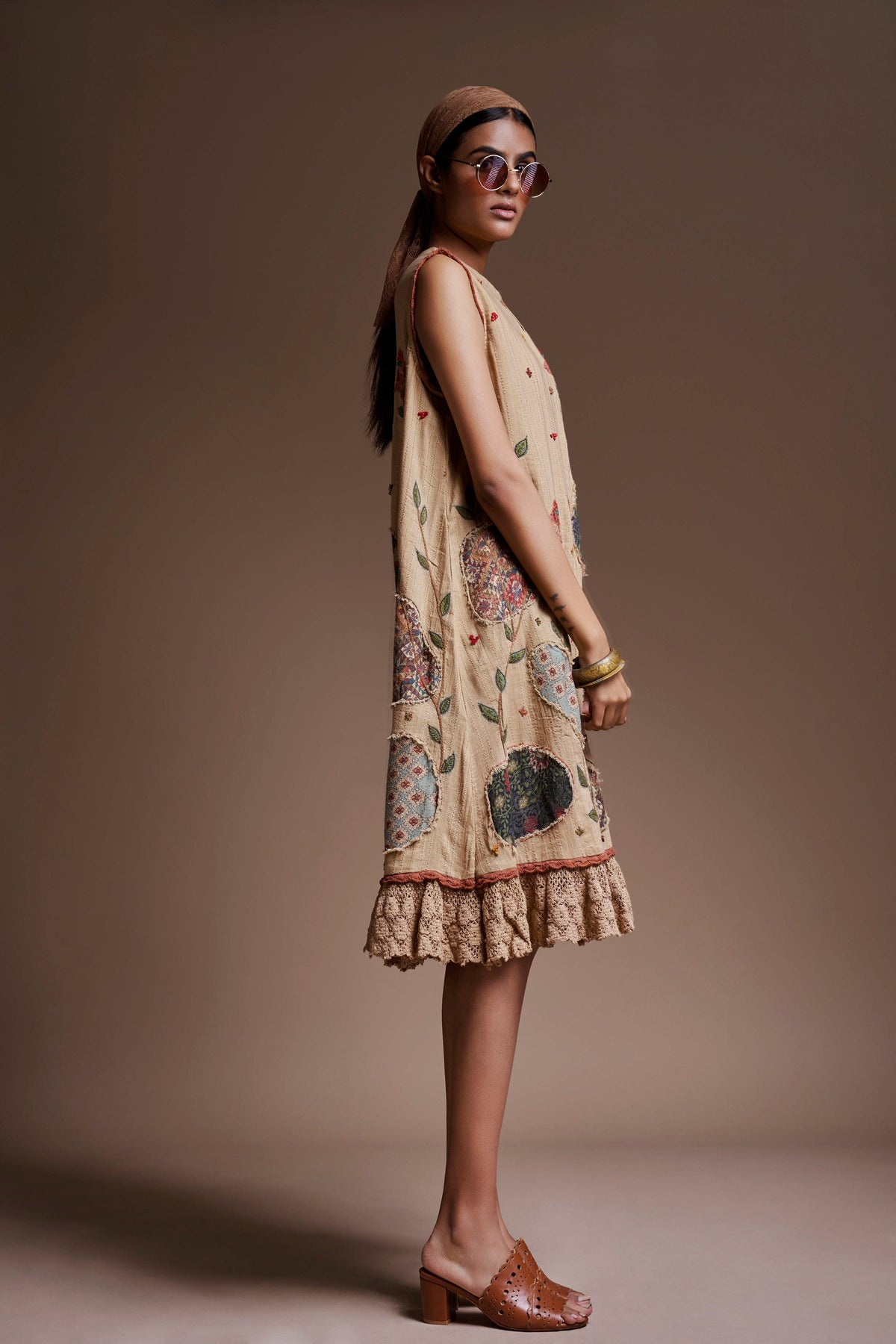 Beige Blossom Patch Cape Dress