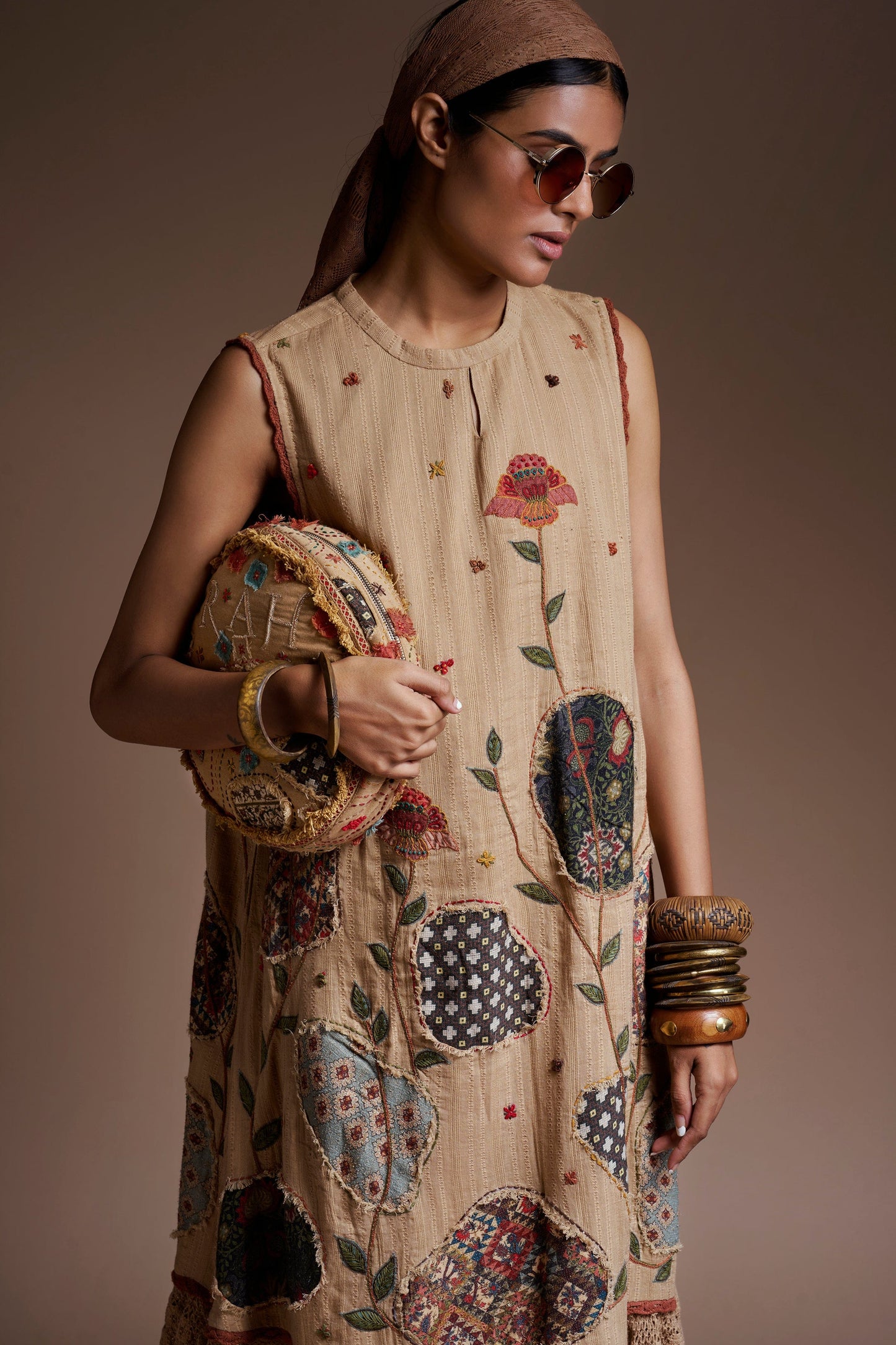 Beige Blossom Patch Cape Dress