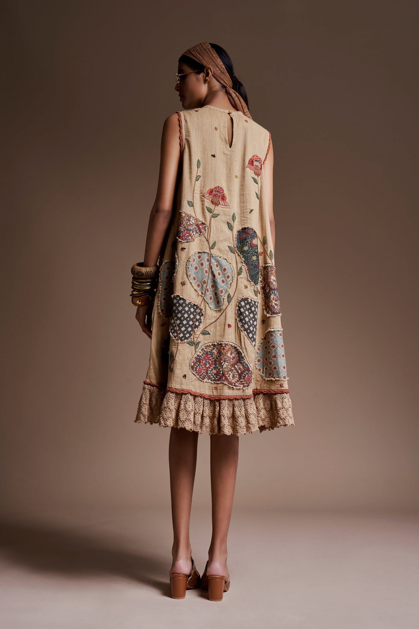 Beige Blossom Patch Cape Dress