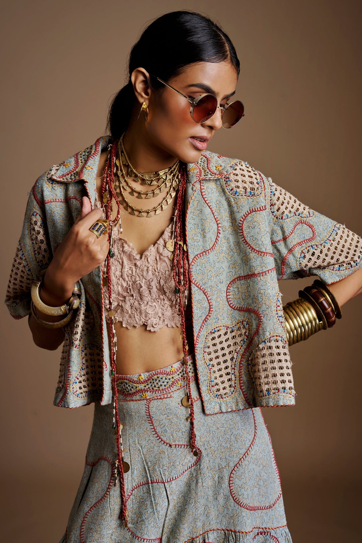 Ice Blue Textured Latticework Co-Ord Set