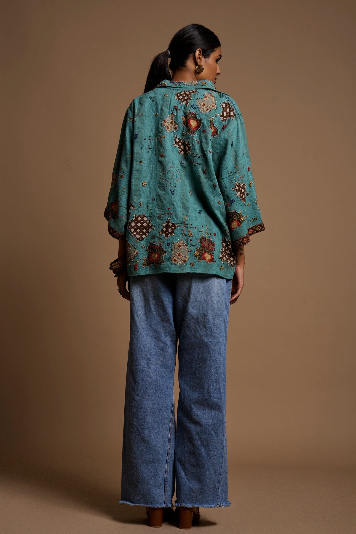 Teal Pachscape Kimono Shirt