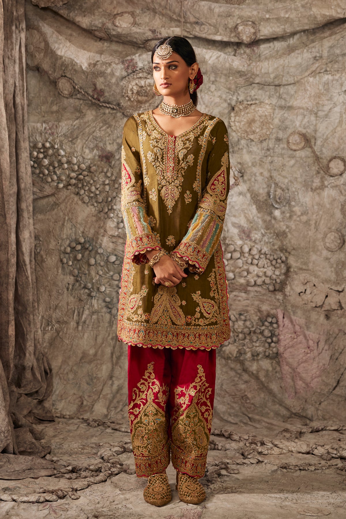 Olive Green Silk Kurta Set